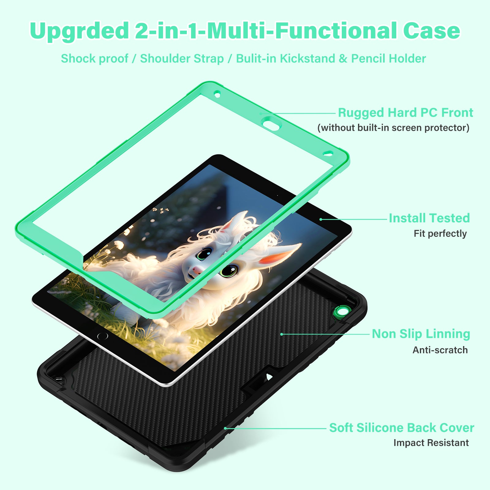 For iPad 10.2 (2021) / 10.2 (2019) / 10.2 (2020) Case Silicone+PC Unicorn Kickstand Tablet Cover with Shoulder Strap