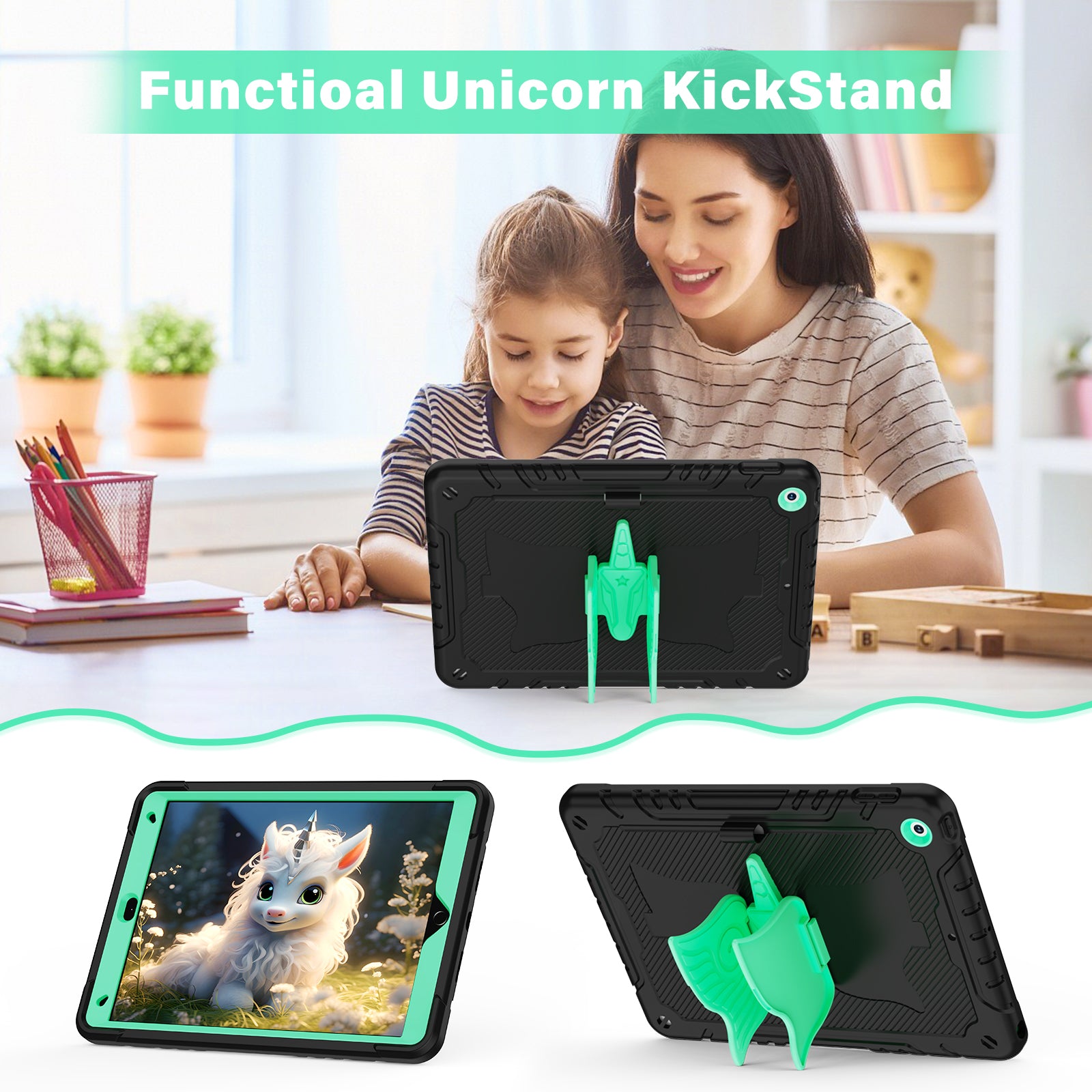 For iPad 10.2 (2021) / 10.2 (2019) / 10.2 (2020) Case Silicone+PC Unicorn Kickstand Tablet Cover with Shoulder Strap