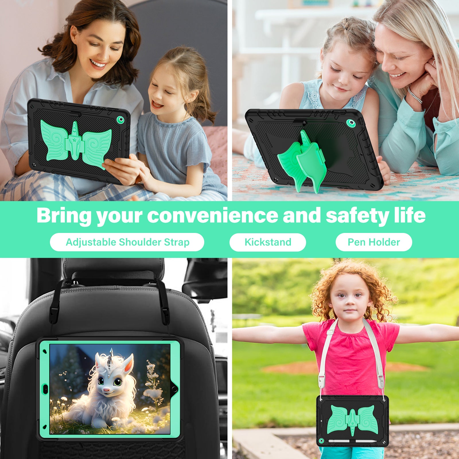 For iPad 10.2 (2021) / 10.2 (2019) / 10.2 (2020) Case Silicone+PC Unicorn Kickstand Tablet Cover with Shoulder Strap
