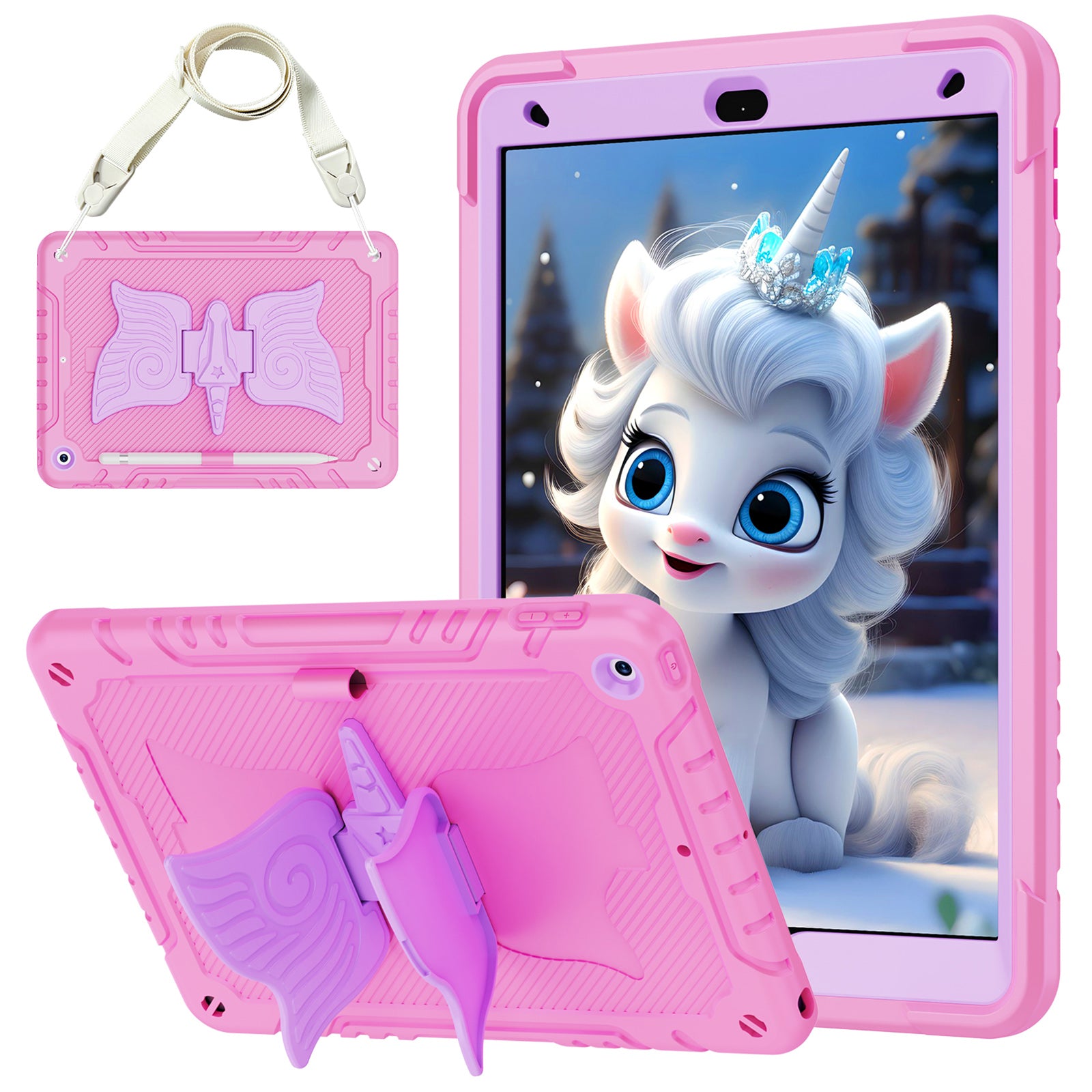 For iPad 10.2 (2021) / 10.2 (2019) / 10.2 (2020) Case Silicone+PC Unicorn Kickstand Tablet Cover with Shoulder Strap
