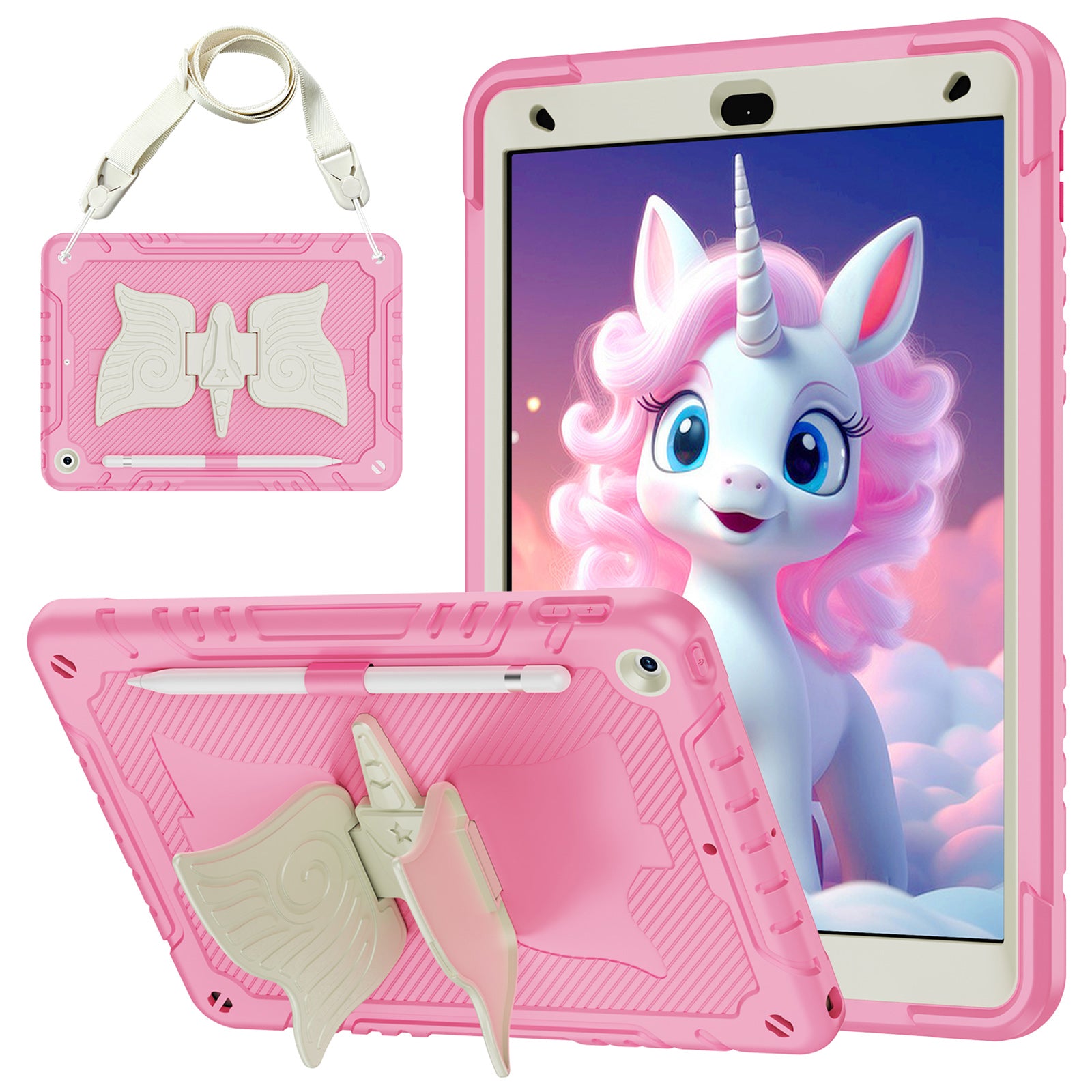 For iPad 10.2 (2021) / 10.2 (2019) / 10.2 (2020) Case Silicone+PC Unicorn Kickstand Tablet Cover with Shoulder Strap