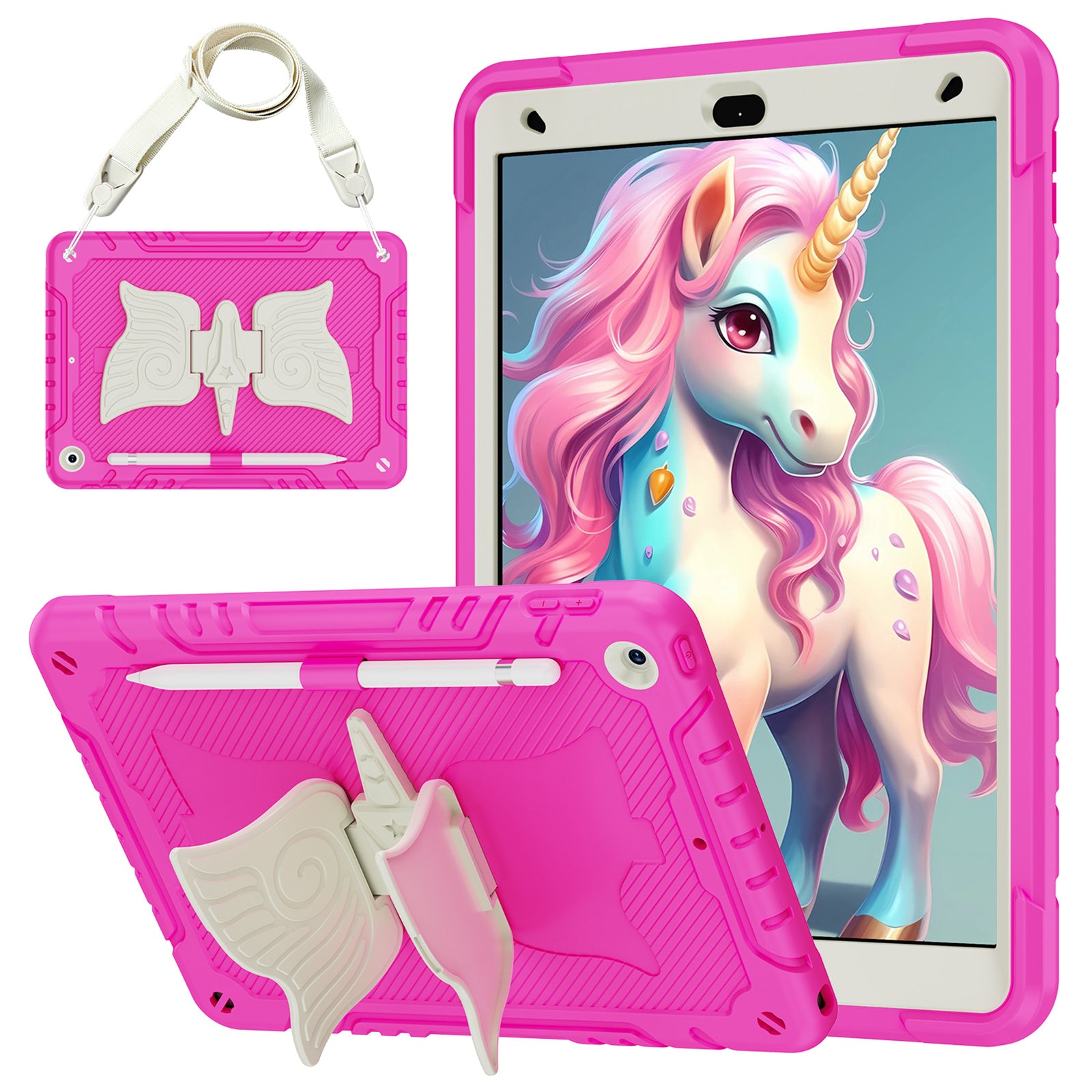 For iPad 10.2 (2021) / 10.2 (2019) / 10.2 (2020) Case Silicone+PC Unicorn Kickstand Tablet Cover with Shoulder Strap