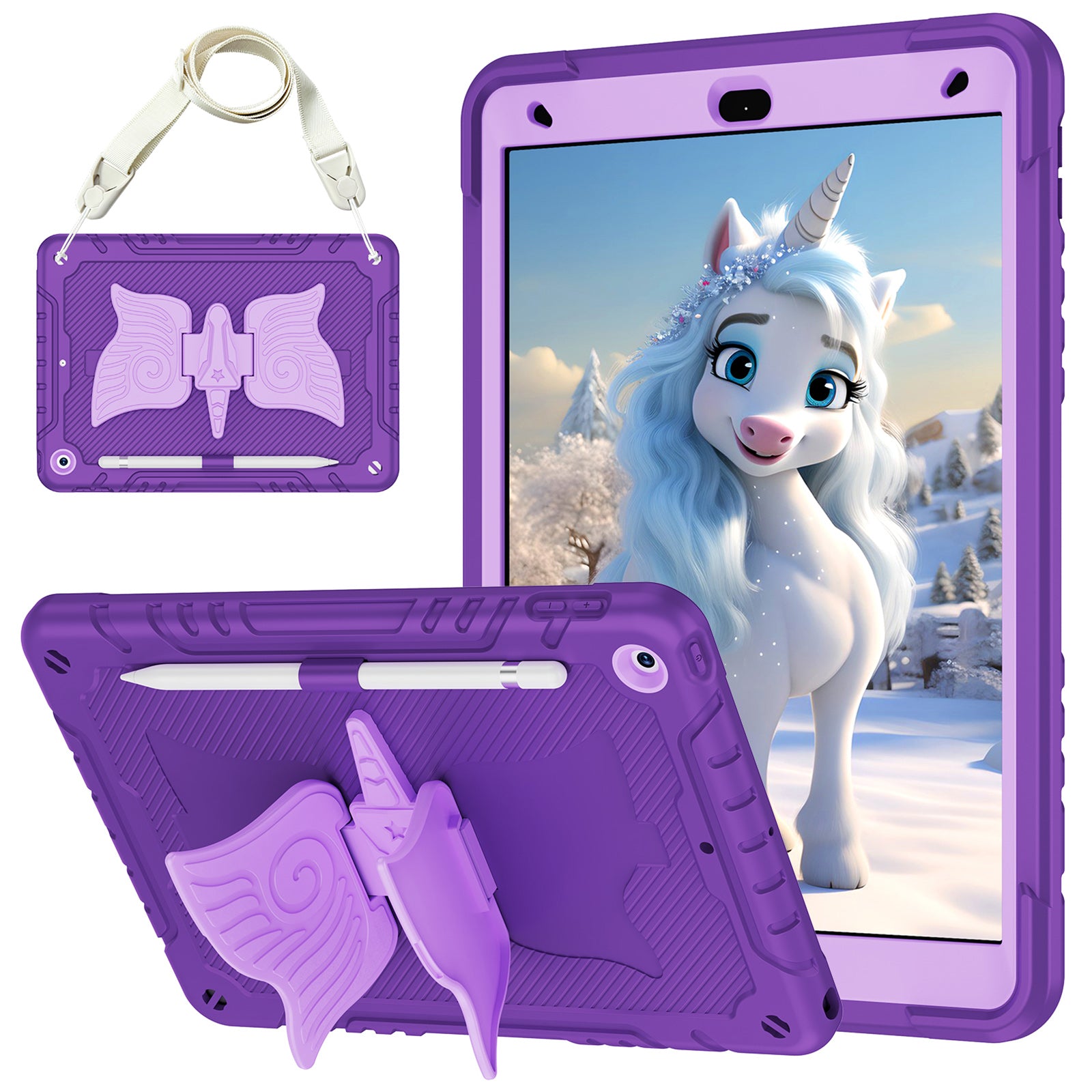 For iPad 10.2 (2021) / 10.2 (2019) / 10.2 (2020) Case Silicone+PC Unicorn Kickstand Tablet Cover with Shoulder Strap