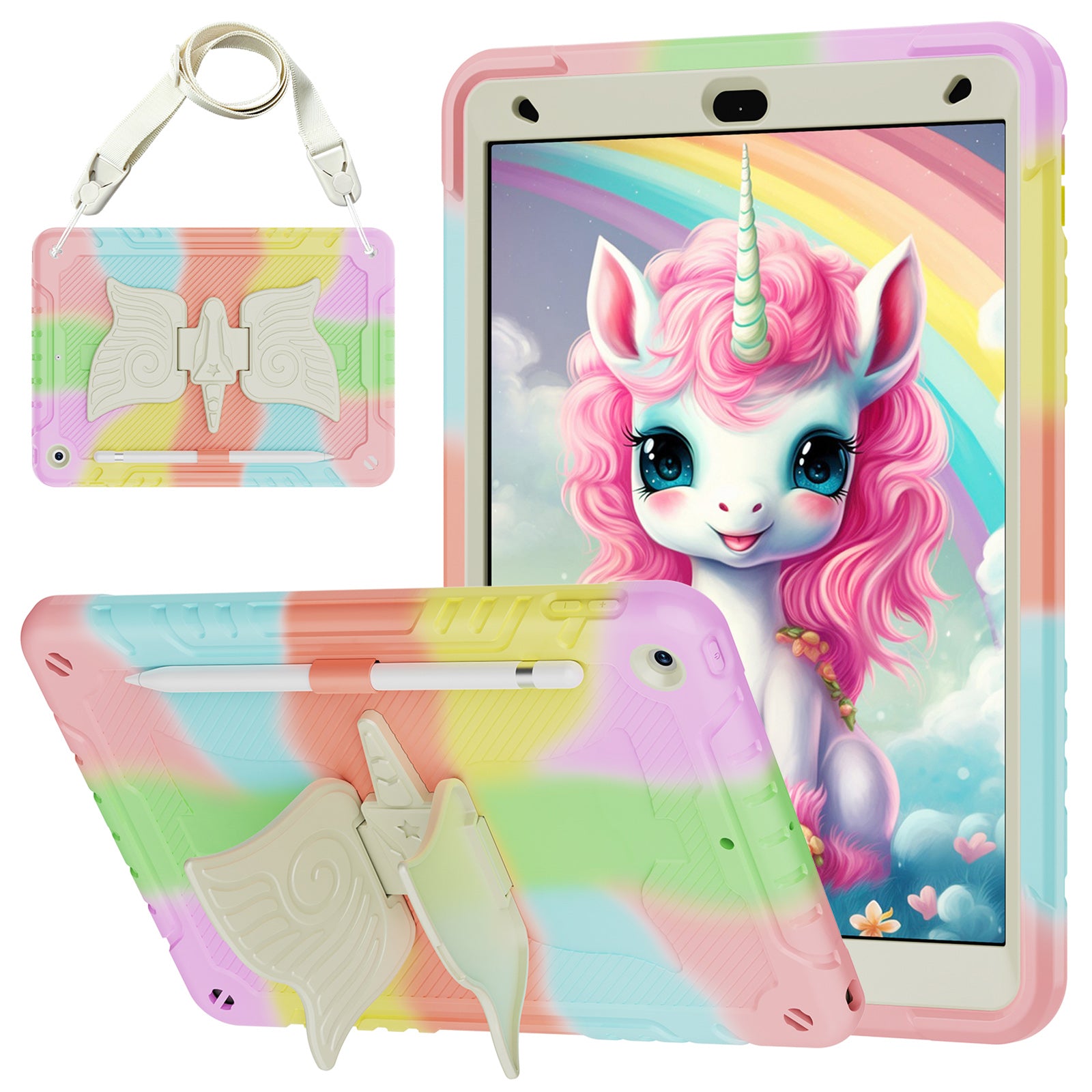 For iPad 10.2 (2021) / 10.2 (2019) / 10.2 (2020) Case Silicone+PC Unicorn Kickstand Tablet Cover with Shoulder Strap