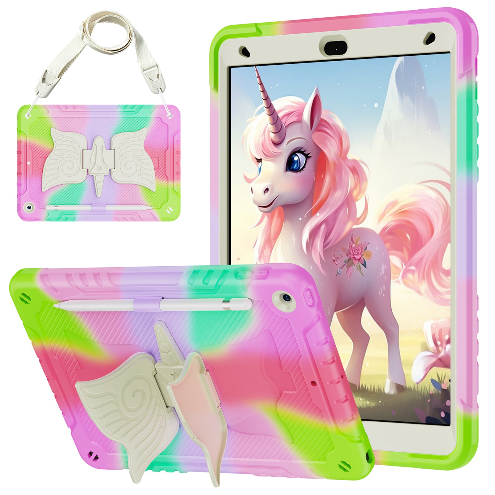 For iPad 10.2 (2021) / 10.2 (2019) / 10.2 (2020) Case Silicone+PC Unicorn Kickstand Tablet Cover with Shoulder Strap