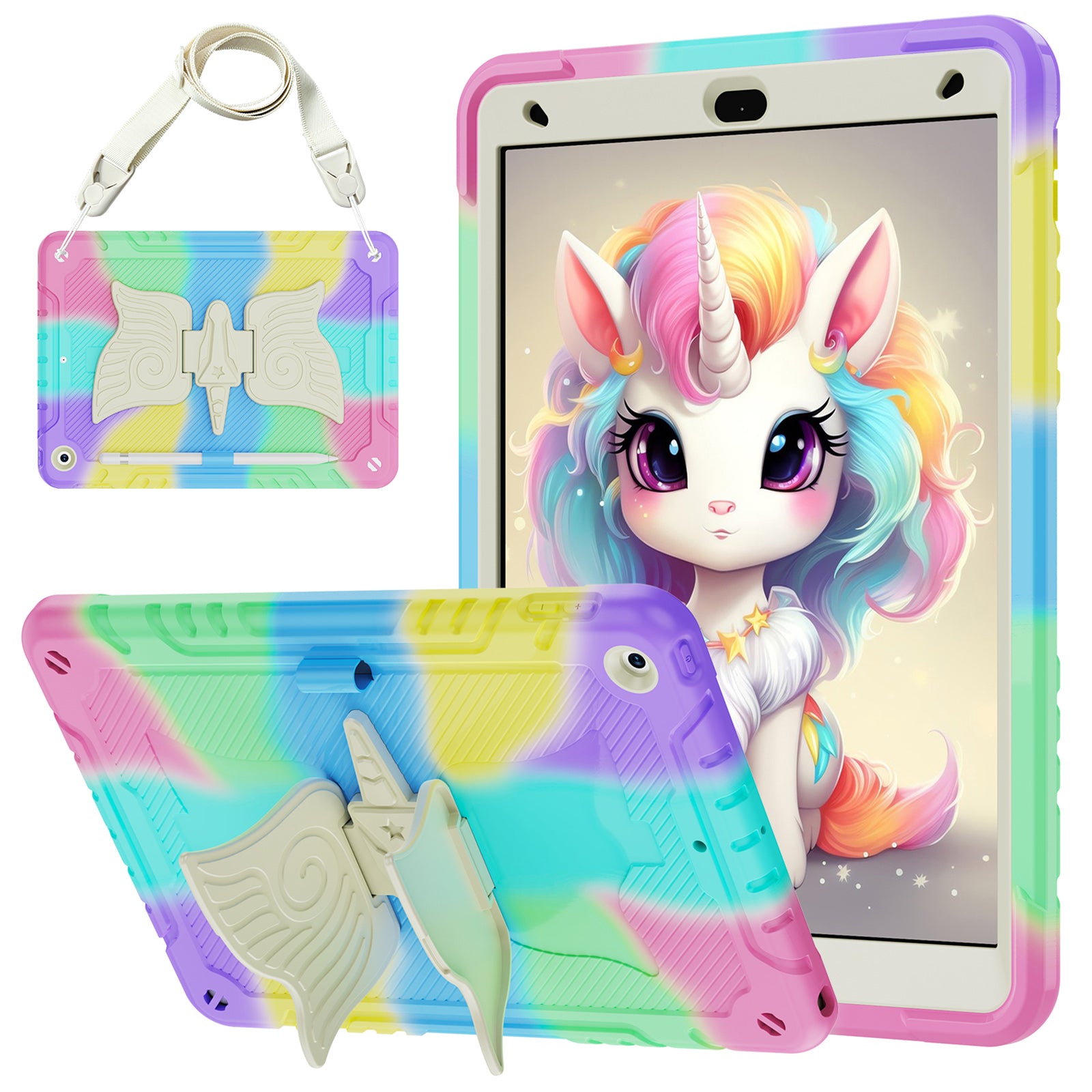 For iPad 10.2 (2021) / 10.2 (2019) / 10.2 (2020) Case Silicone+PC Unicorn Kickstand Tablet Cover with Shoulder Strap