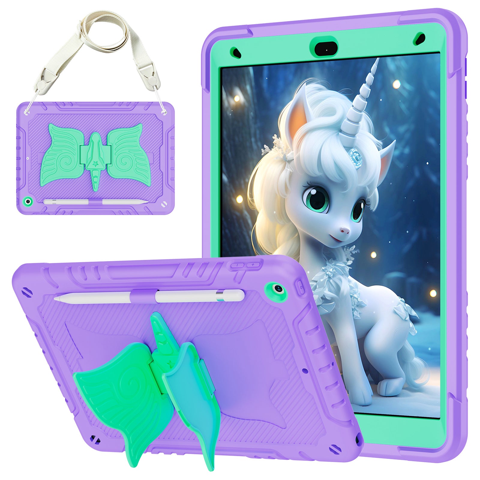 For iPad 10.2 (2021) / 10.2 (2019) / 10.2 (2020) Case Silicone+PC Unicorn Kickstand Tablet Cover with Shoulder Strap