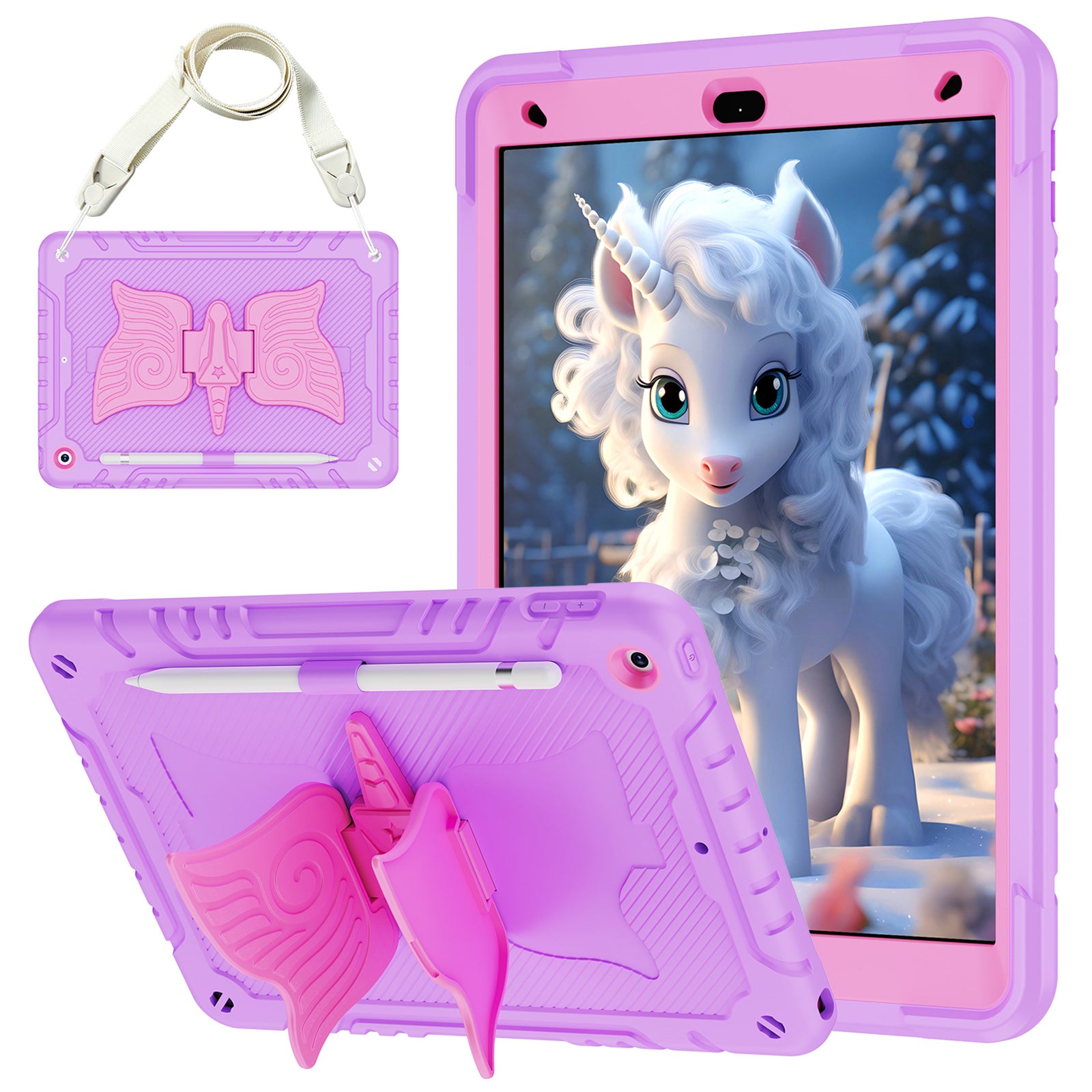 For iPad 10.2 (2021) / 10.2 (2019) / 10.2 (2020) Case Silicone+PC Unicorn Kickstand Tablet Cover with Shoulder Strap
