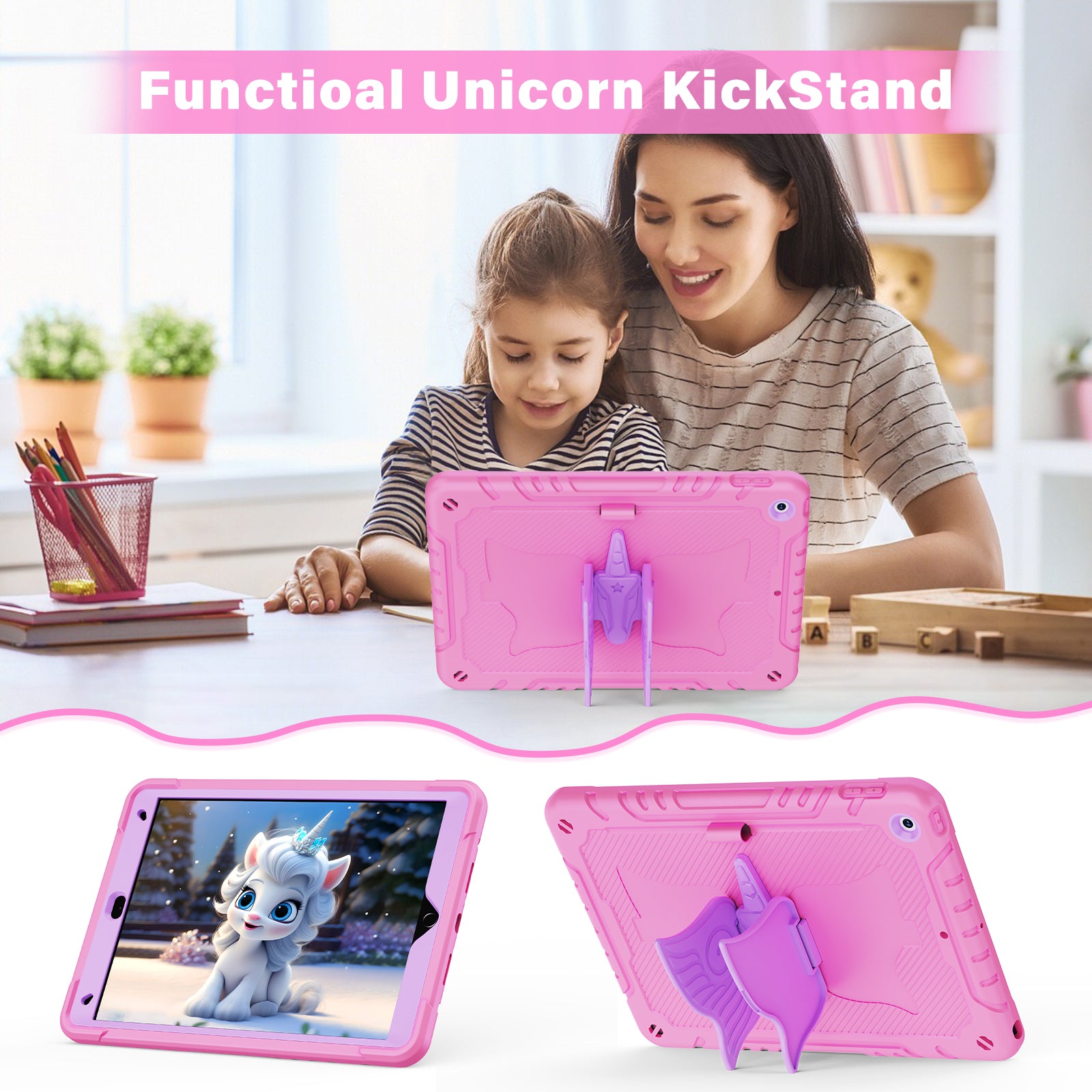 For iPad 10.2 (2021) / 10.2 (2019) / 10.2 (2020) Case Silicone+PC Drop-resistant Tablet Cover with Unicorn Kickstand