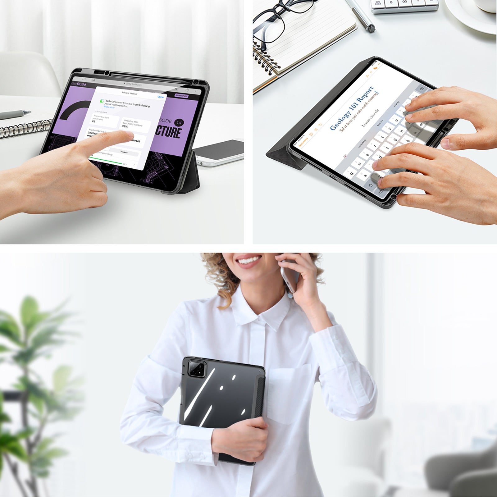 DUX DUCIS TOBY Series For Xiaomi Pad 6S Pro 12.4 Case Tri-fold Stand PU Leather Tablet Cover, Black