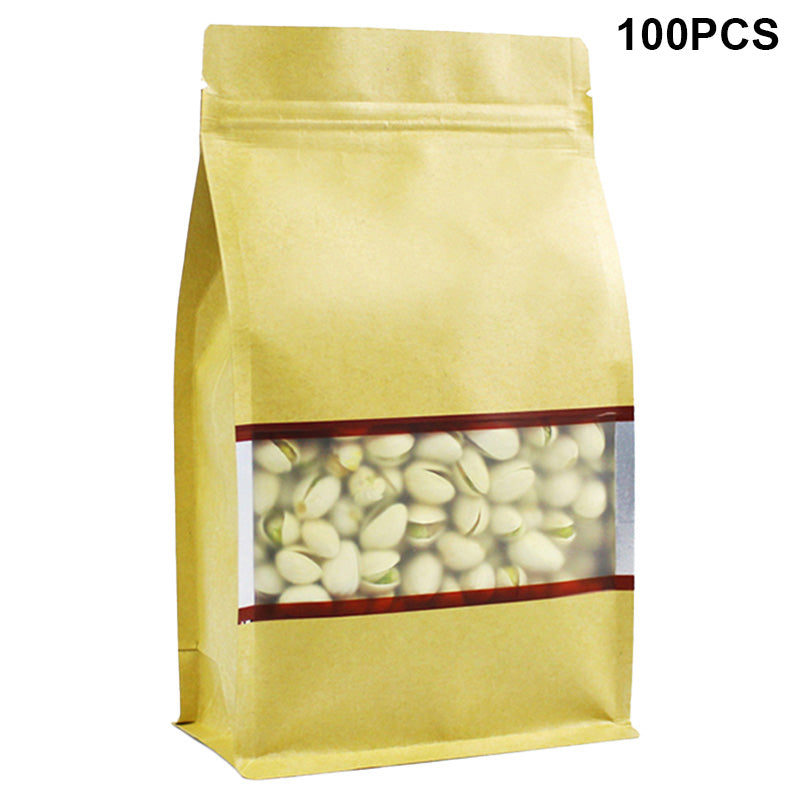 MX-004 100PCS Kraft Paper Bag 16x26cm Zipper Lock Storage Bags for Food Candy Tea