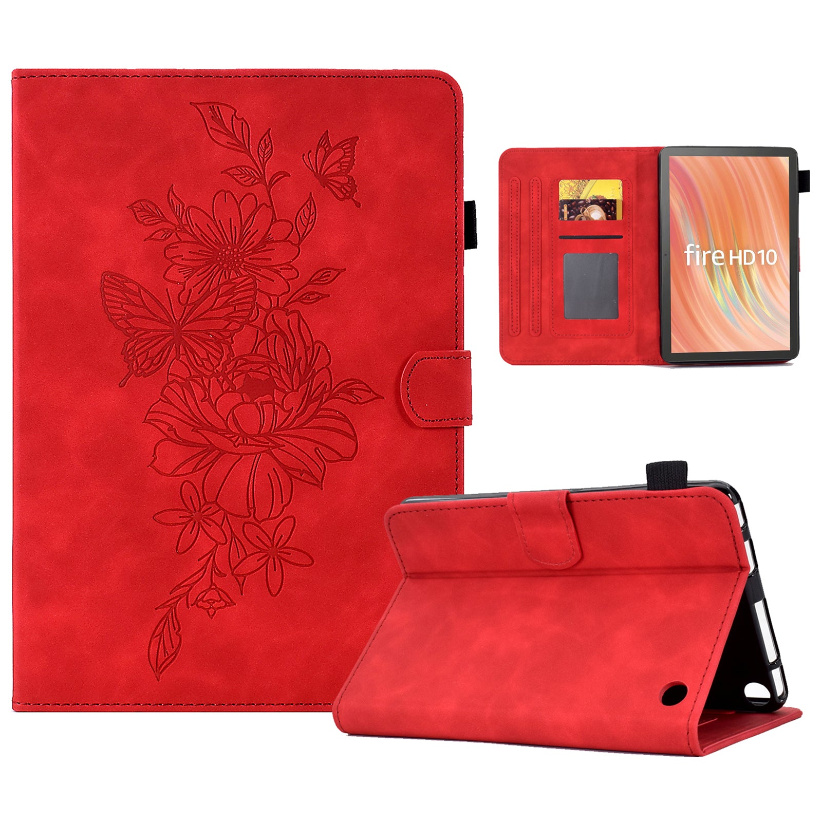 A7 For Amazon Fire HD 10 (2023) Tablet Case Flower Butterfly Imprinted Leather Cover with Card Slots