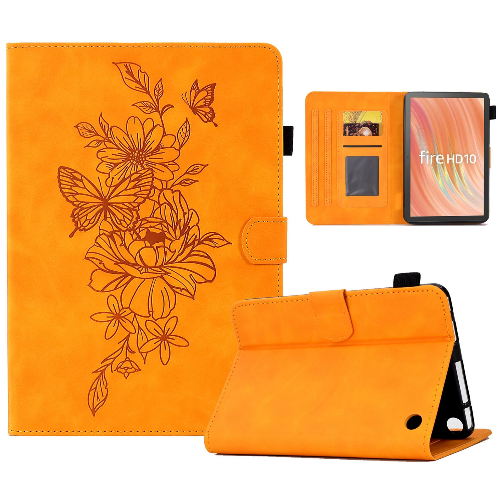A7 For Amazon Fire HD 10 (2023) Tablet Case Flower Butterfly Imprinted Leather Cover with Card Slots