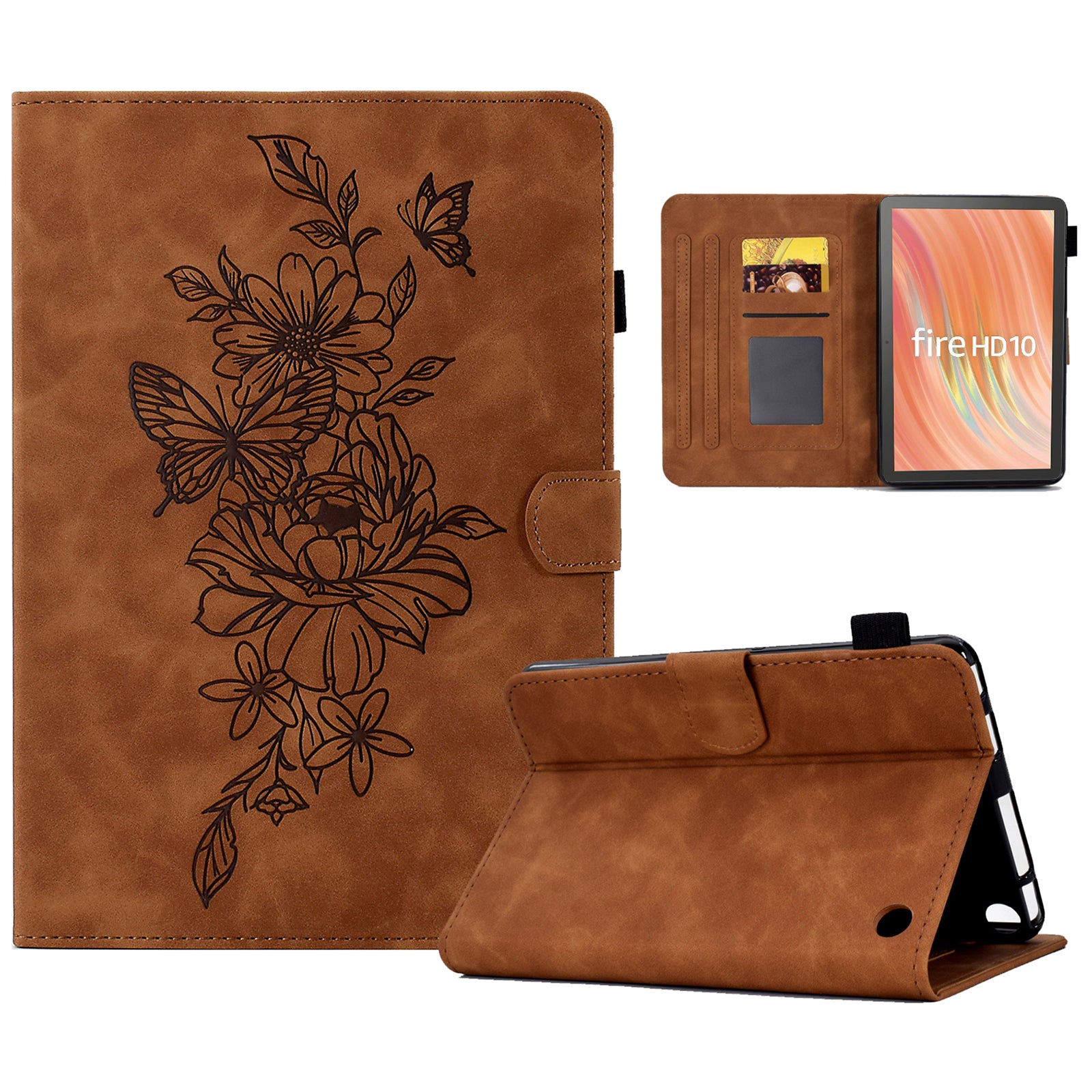 A7 For Amazon Fire HD 10 (2023) Tablet Case Flower Butterfly Imprinted Leather Cover with Card Slots