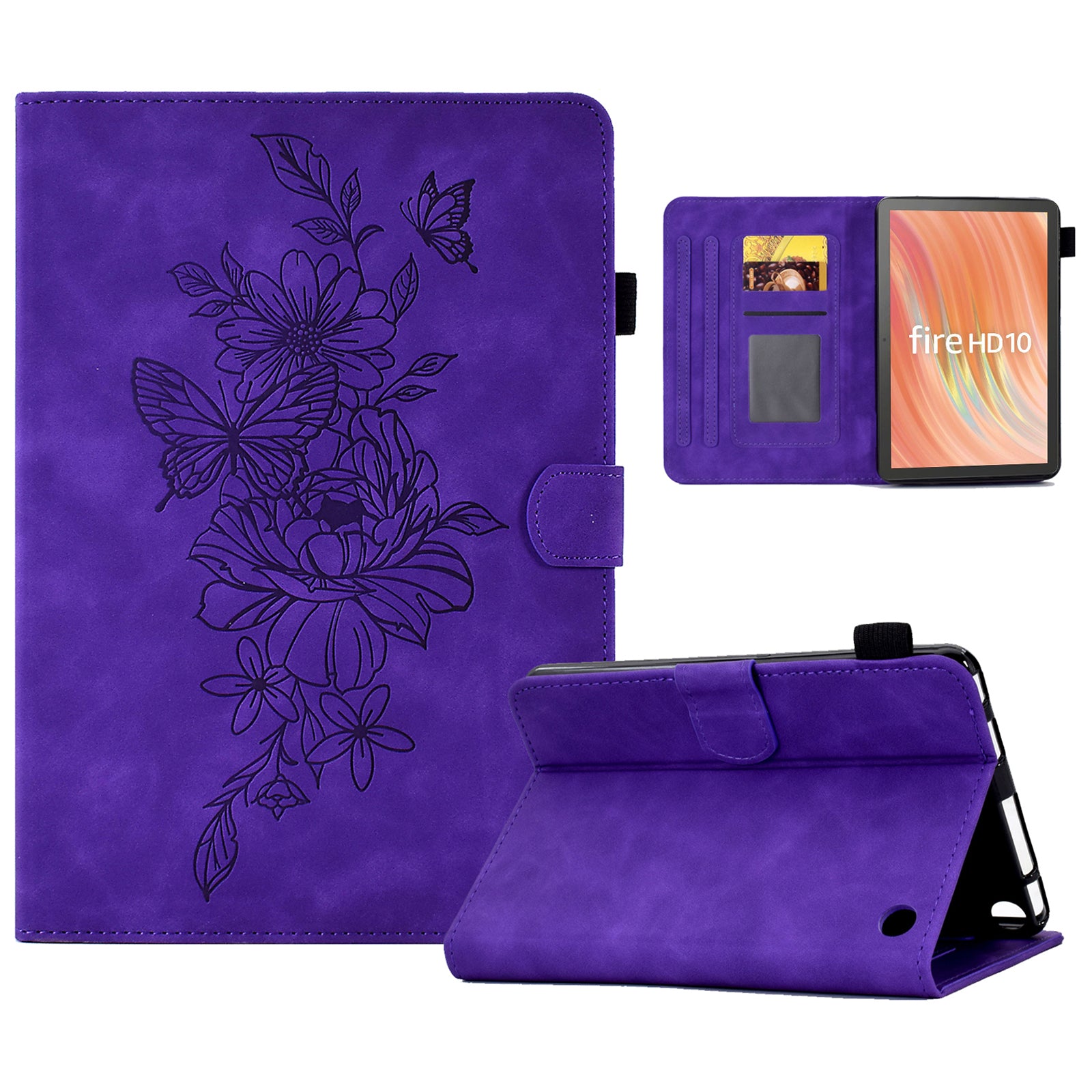 A7 For Amazon Fire HD 10 (2023) Tablet Case Flower Butterfly Imprinted Leather Cover with Card Slots