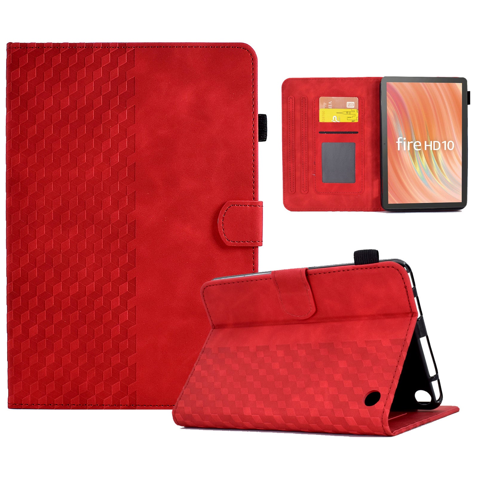 A6 For Amazon Fire HD 10 (2023) Leather Case Block Pattern Imprinted Card Slots Tablet Cover