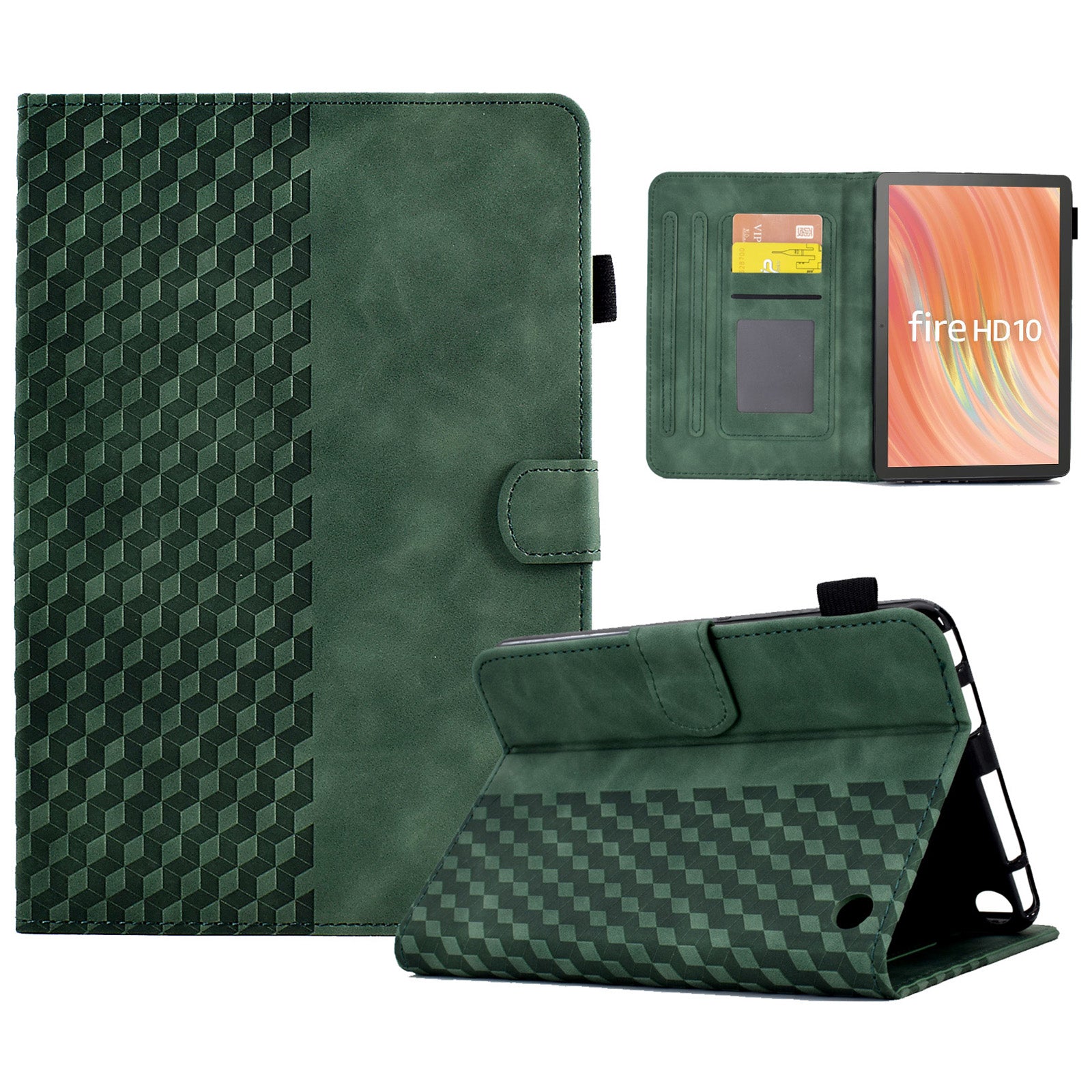A6 For Amazon Fire HD 10 (2023) Leather Case Block Pattern Imprinted Card Slots Tablet Cover