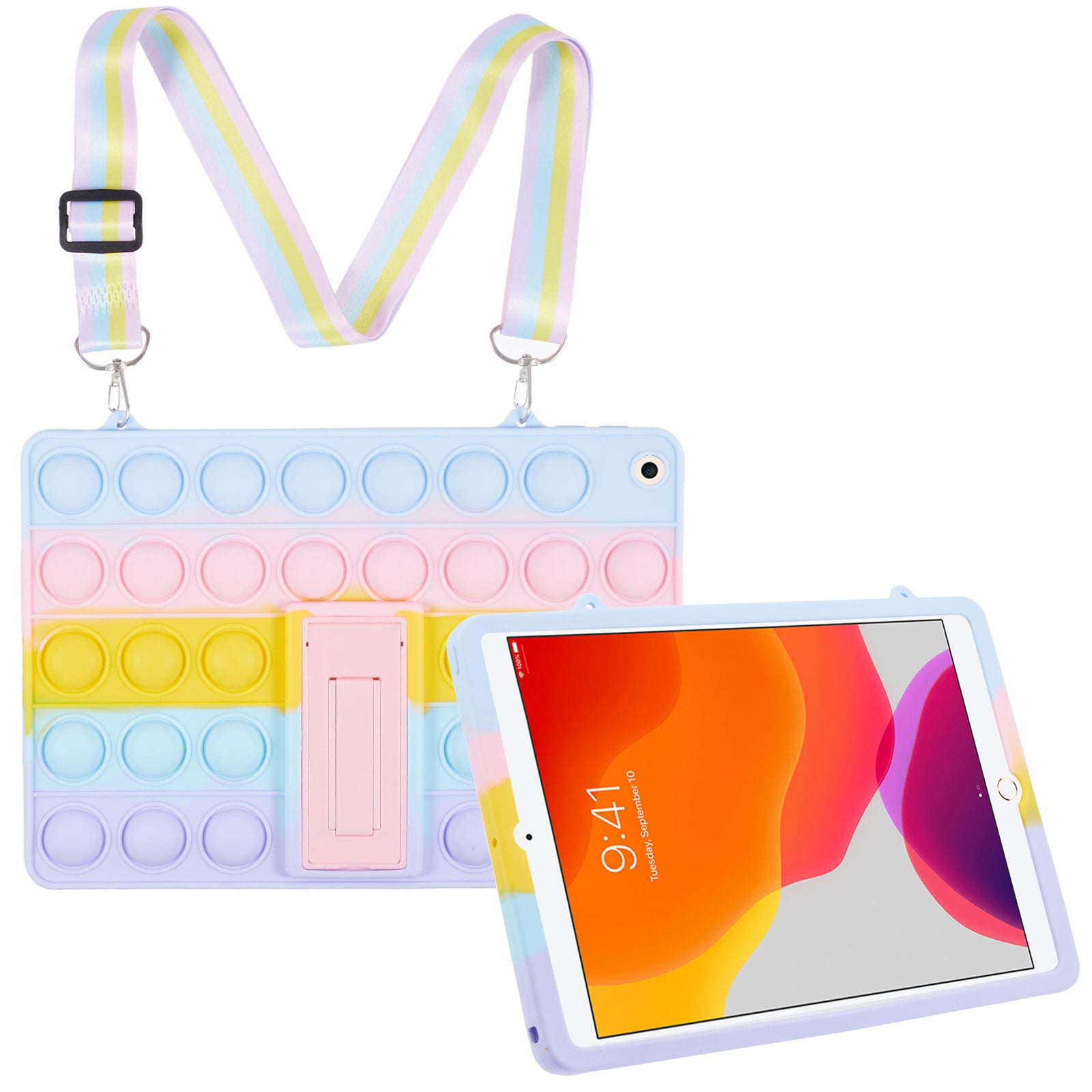 For iPad 10.2 (2021) / (2020) / (2019) Silicone Bubble Anxiety Stress Reliever Toy Tablet Kickstand Cover with Lanyard