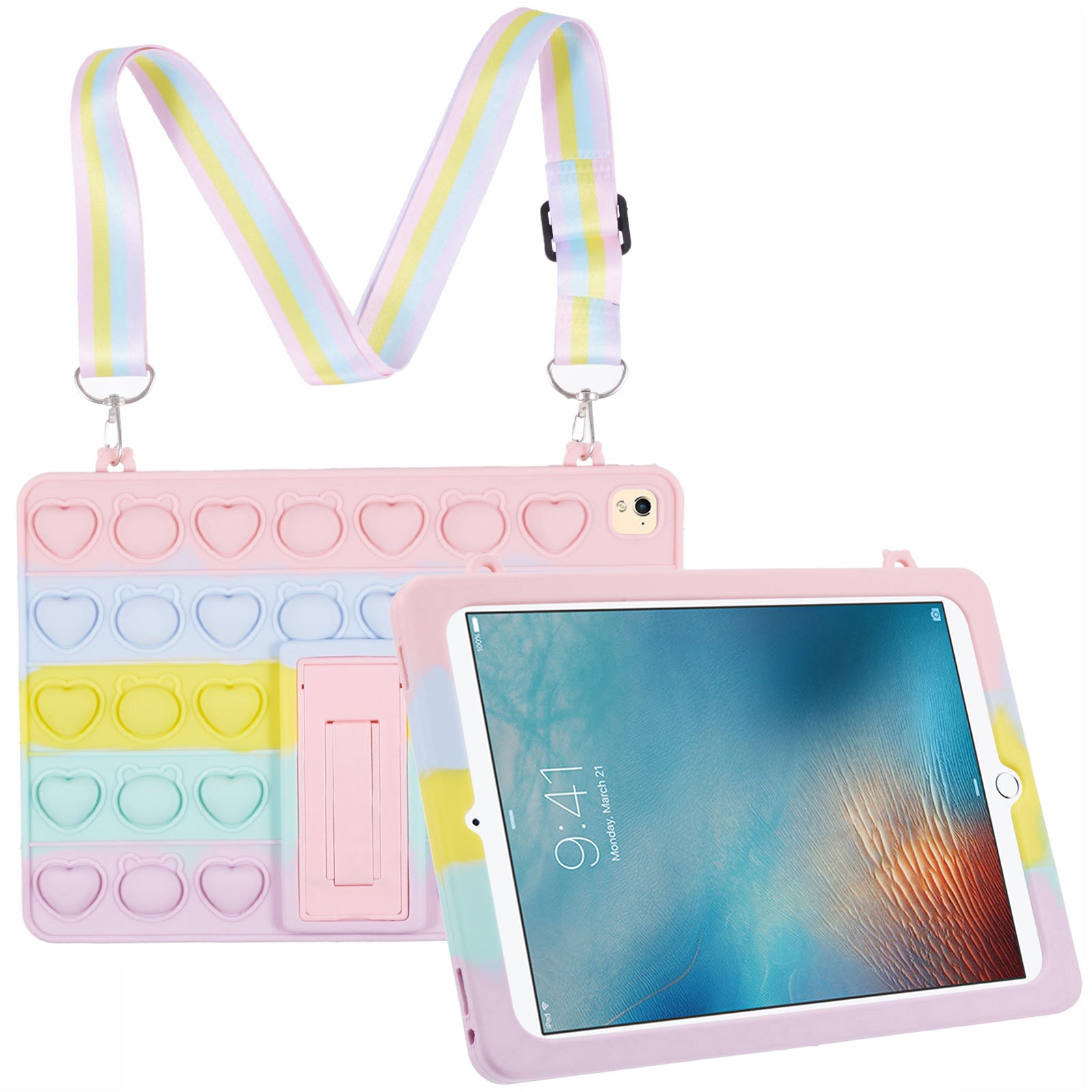 For iPad 9.7-inch (2017) / (2018) / Pro 9.7 inch (2016) Silicone Case Bubble Fidget Toy with Shoulder Strap