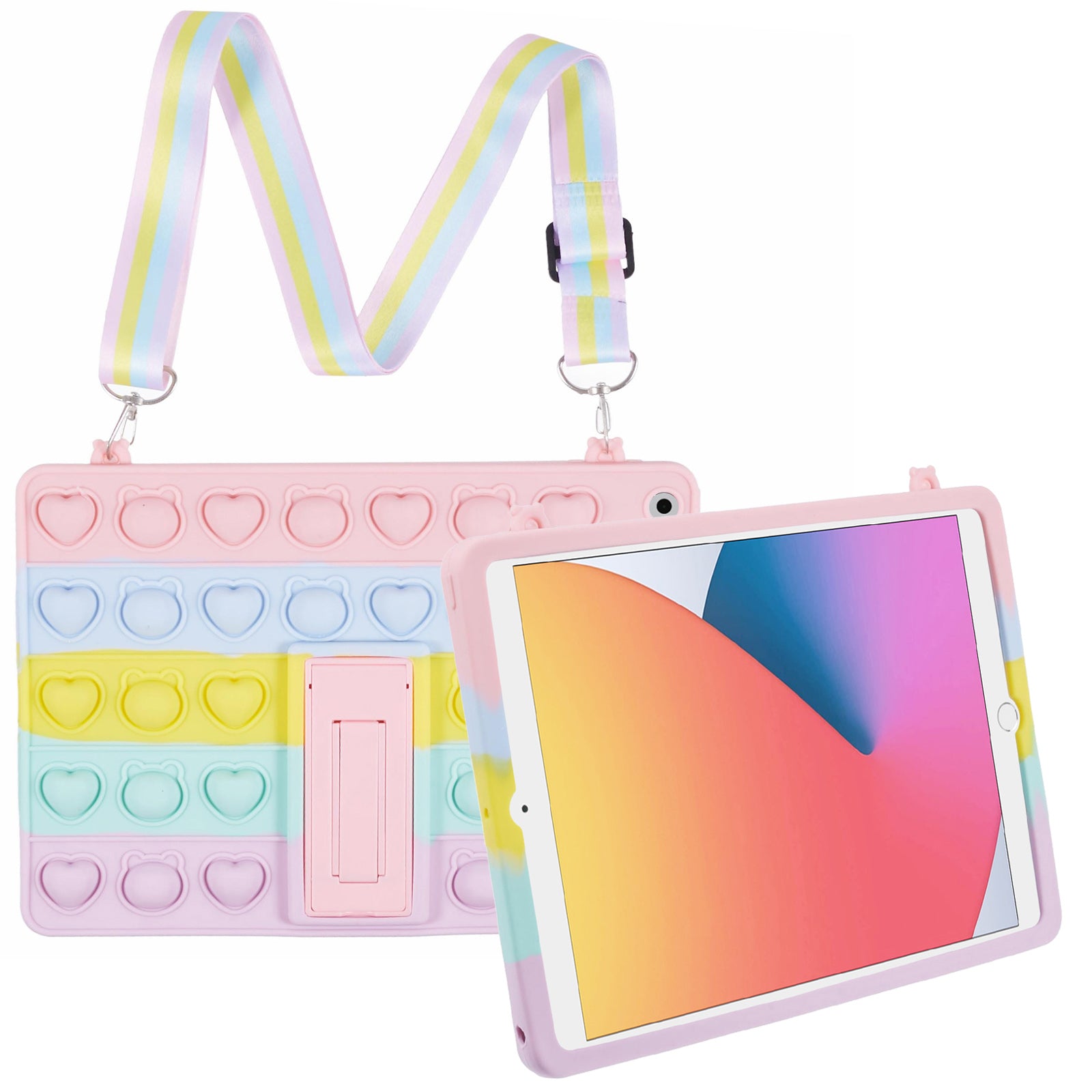 For iPad 10.2 (2021) / (2020) / (2019) Silicone Case with Shoulder Strap Kickstand Push Pop Fidget Toy Cover