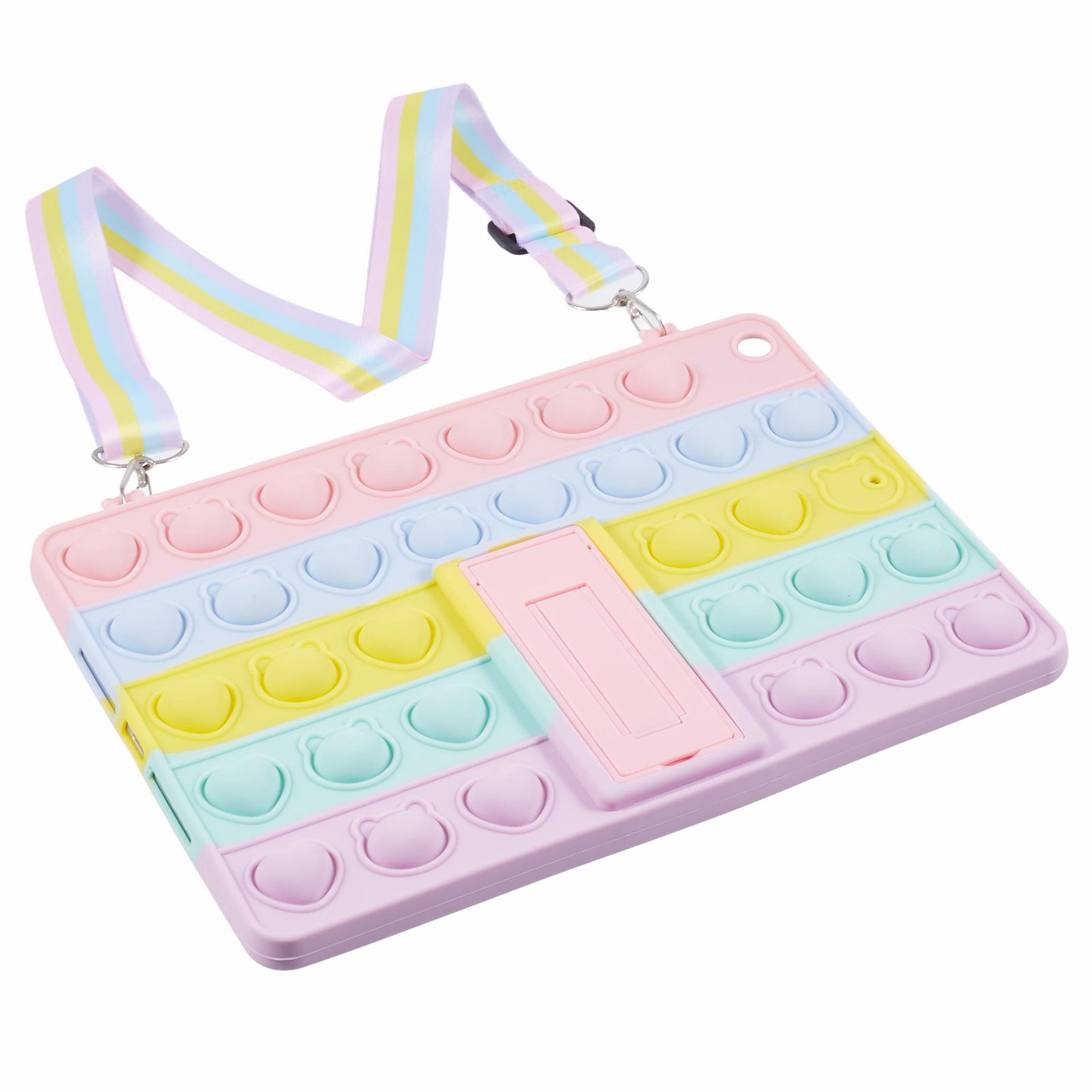 For iPad 10.2 (2021) / (2020) / (2019) Silicone Case with Shoulder Strap Kickstand Push Pop Fidget Toy Cover