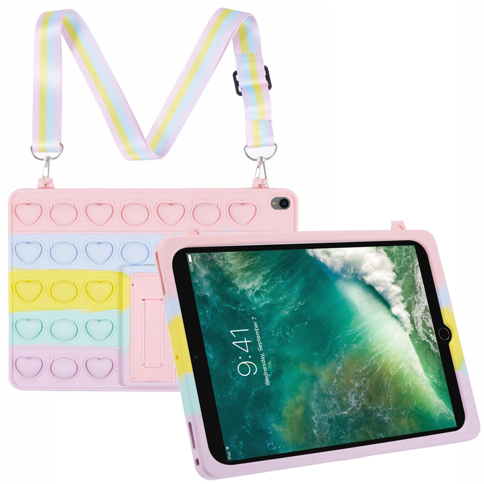 For iPad Air 10.5 inch (2019) / Pro 10.5-inch (2017) Case with Shoulder Strap Kickstand Push Pop Silicone Cover