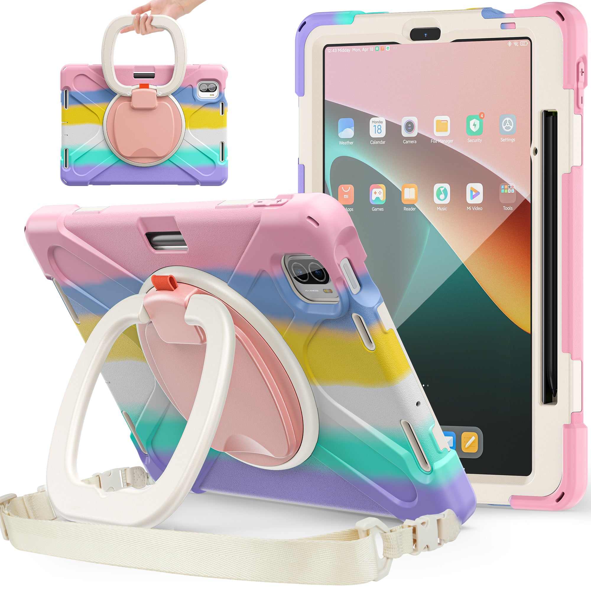 For Xiaomi Pad 5 Case PC+Silicone Shockproof Tablet Cover with Rotating Kickstand / Shoulder Strap