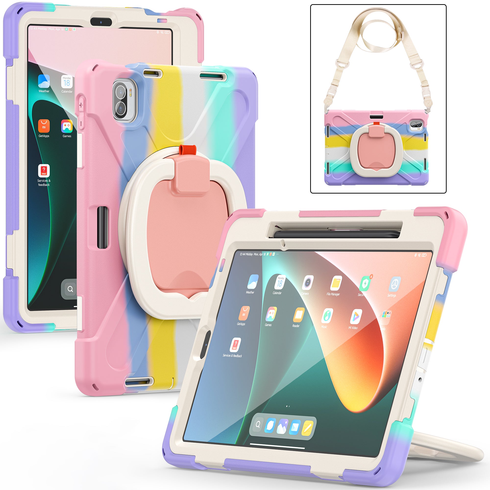 For Xiaomi Pad 5 Case PC+Silicone Shockproof Tablet Cover with Rotating Kickstand / Shoulder Strap
