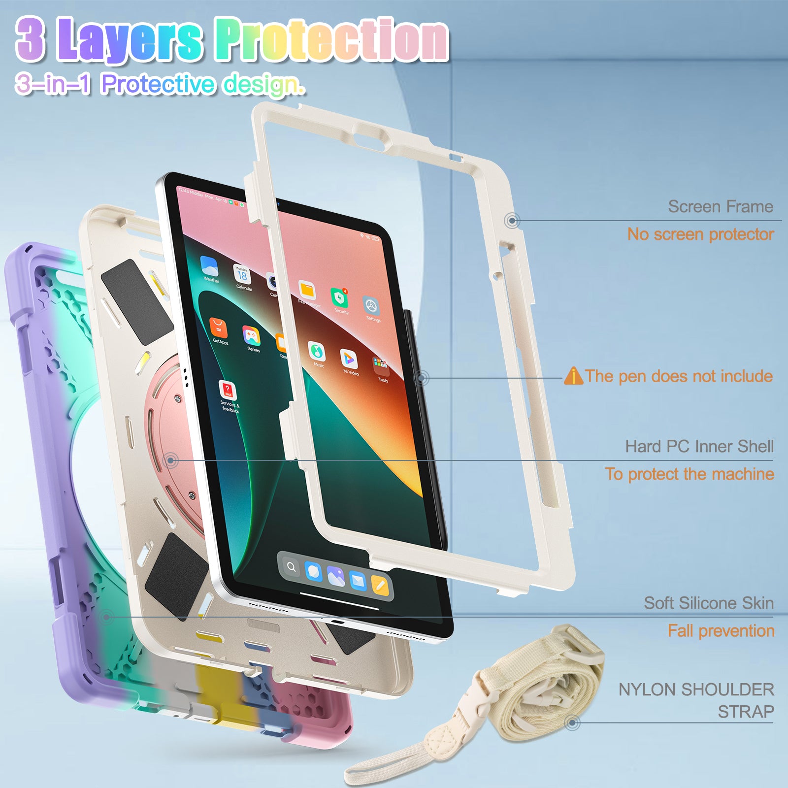 For Xiaomi Pad 5 Case PC+Silicone Shockproof Tablet Cover with Rotating Kickstand / Shoulder Strap