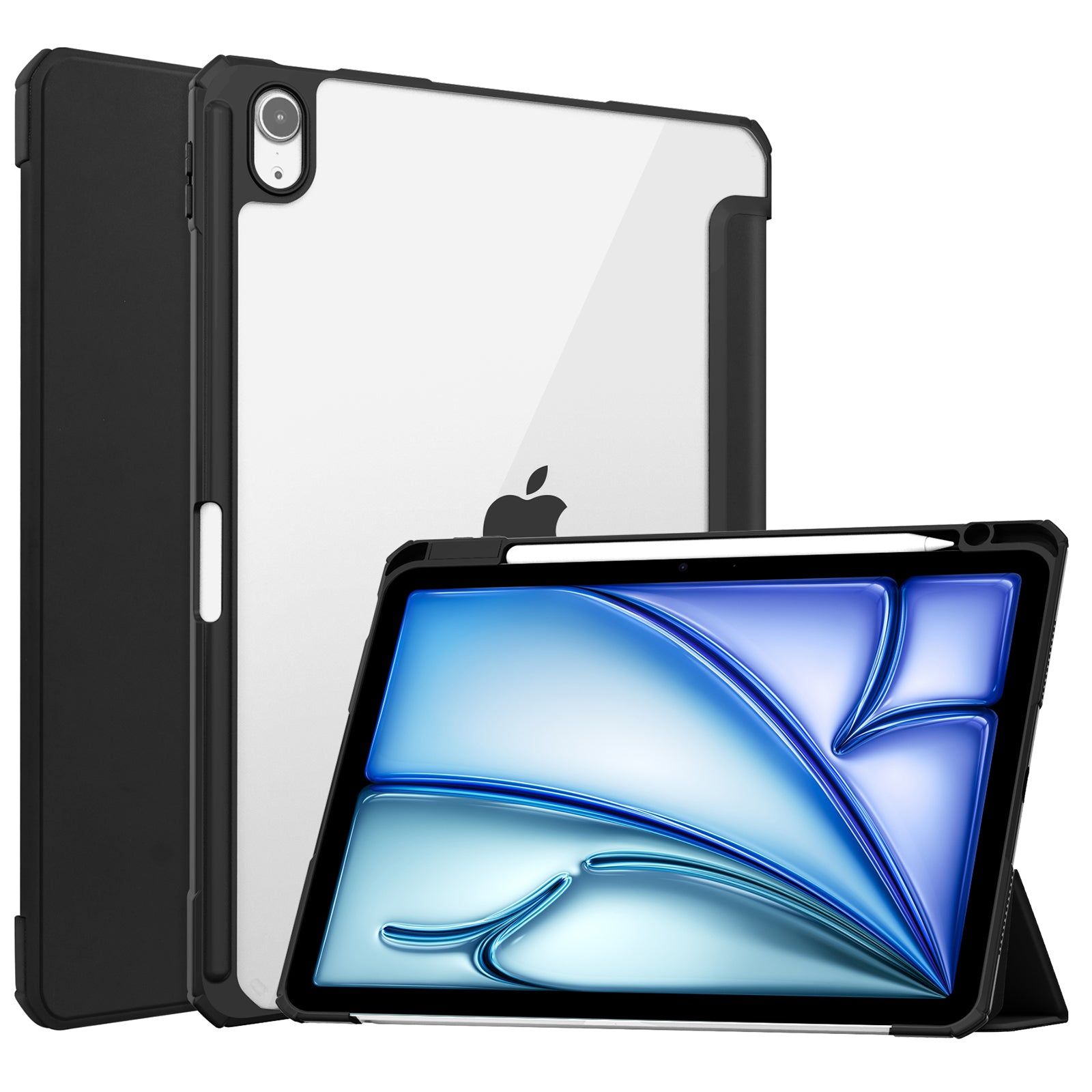 For iPad Air 11 (2024) Clear Case PU Leather Auto Wake Sleep Protective Cover with Pen Slot