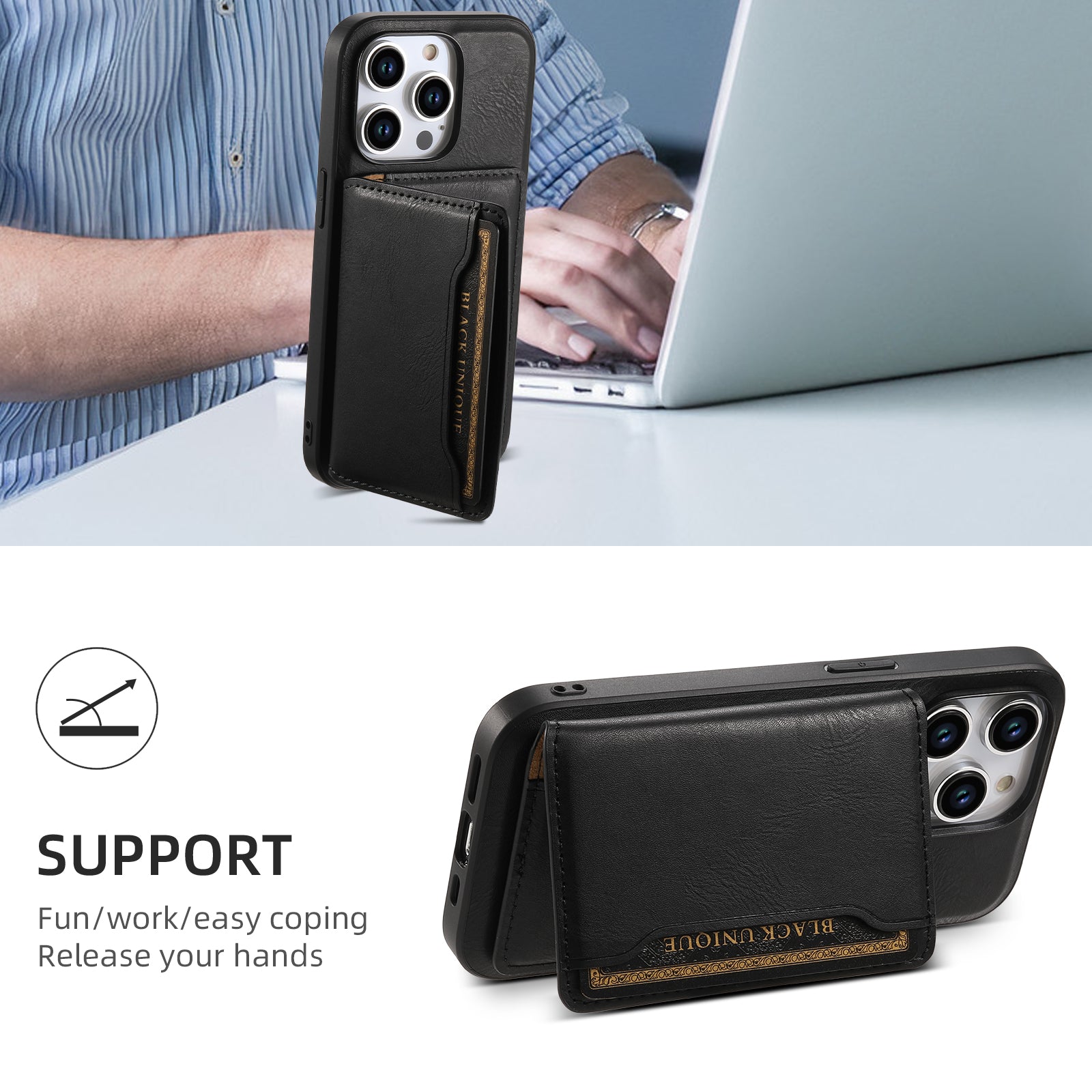 DENIOR Magnetic Card Case Compatible with MagSafe PU Leather Phone Card Holder Kickstand