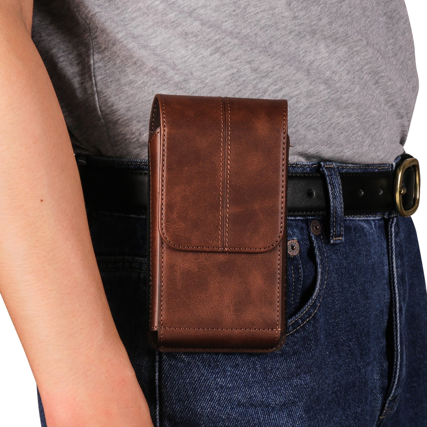 6.1 inch Cell Phone Holster PU Leather Waist Phone Belt Bag with Card Slots