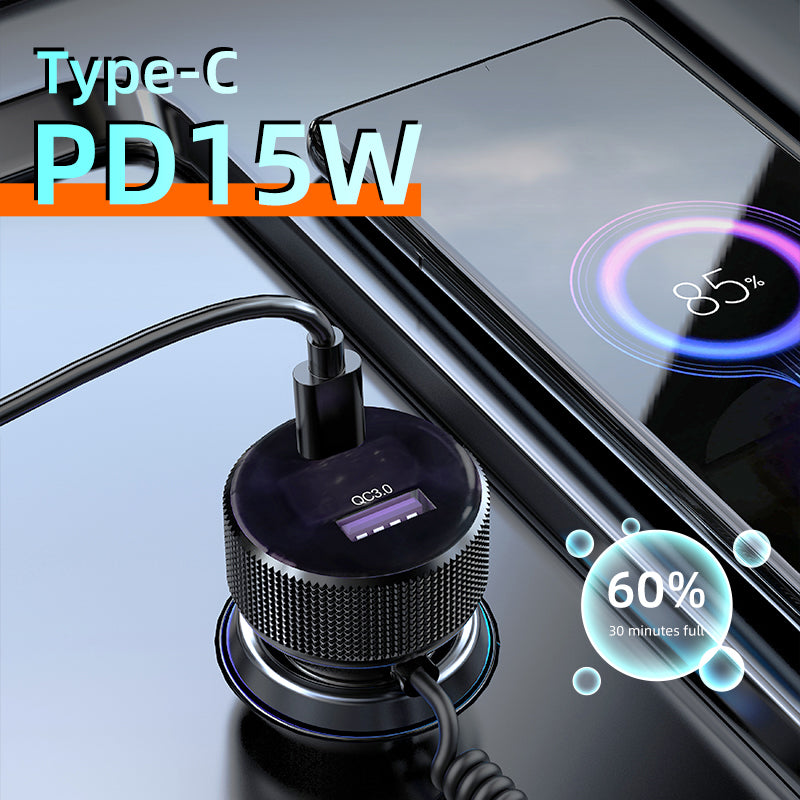 K18A USB+Type-C Dual Port Aluminum Alloy Car Charger with PD 30W Retractable Type-C Cable