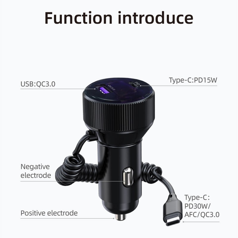K18B 12-24V Car Charger USB+Type-C Dual Port Charging Adapter with PD 30W Type-C Spring Cable