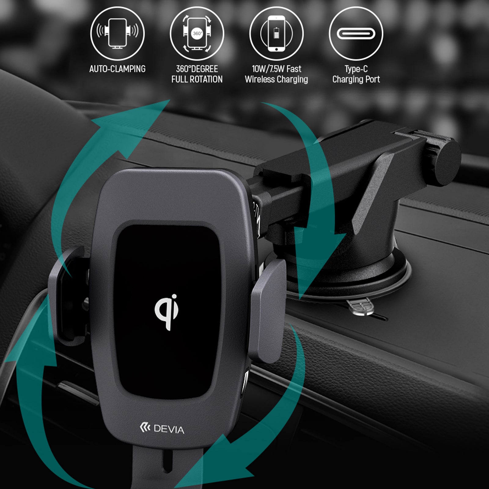 DEVIA EA195 Wireless Car Charger Mount 10W Qi Fast Charging Car Phone Holder