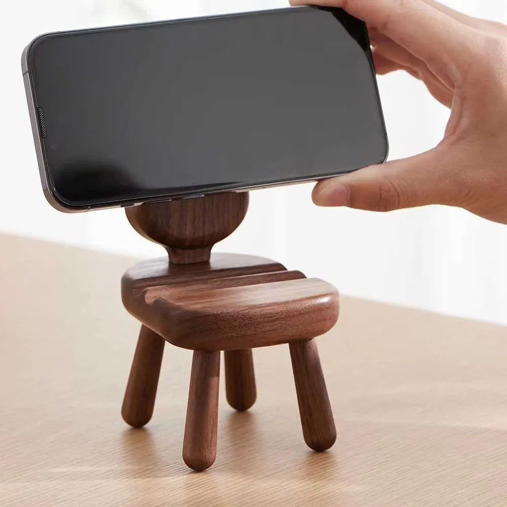 SJJ-HHTM-1 Chair-Shaped Creative Phone Holder for iPhone 16 / 16 Ultra / 16 Pro / 16 Pro Max Walnut Solid Wood Tablet Mobile Phone Stand