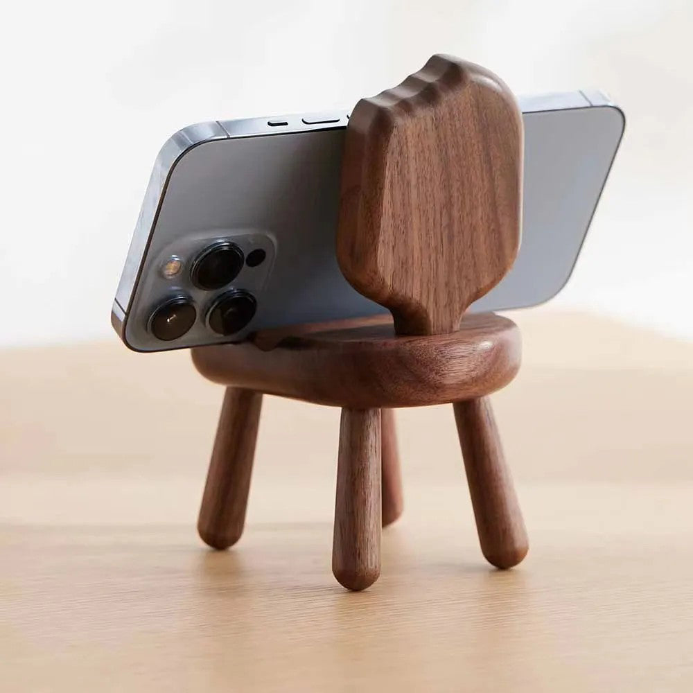 SJJ-HHTM-1 Chair-Shaped Creative Phone Holder for iPhone 16 / 16 Ultra / 16 Pro / 16 Pro Max Walnut Solid Wood Tablet Mobile Phone Stand