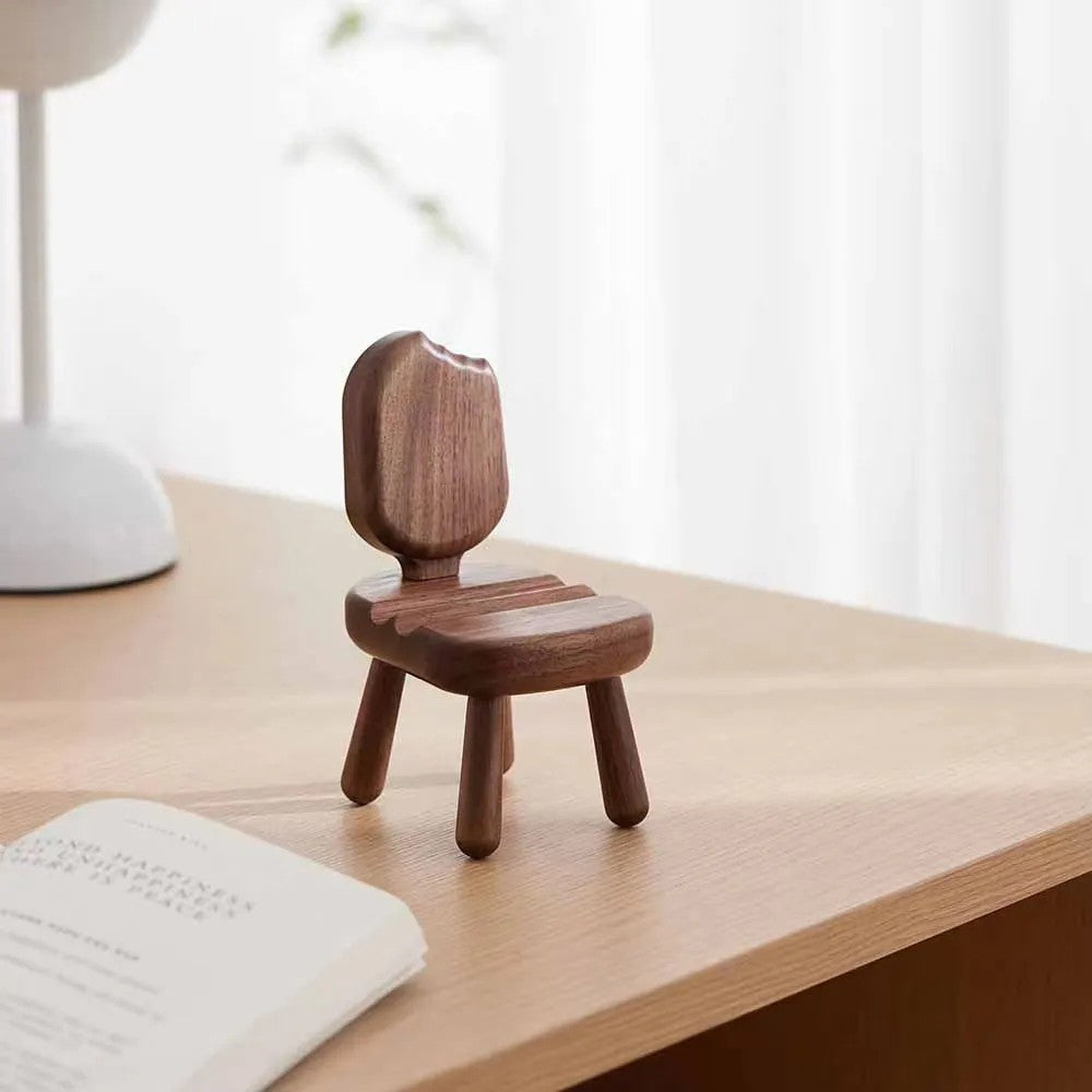 SJJ-HHTM-1 Chair-Shaped Creative Phone Holder for iPhone 16 / 16 Ultra / 16 Pro / 16 Pro Max Walnut Solid Wood Tablet Mobile Phone Stand