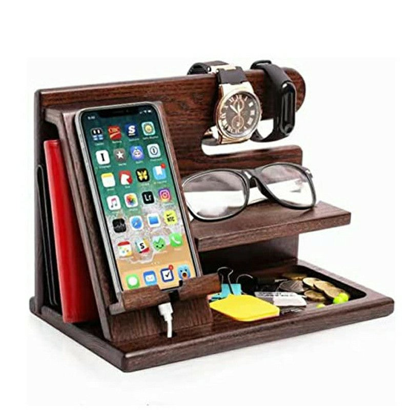 23335 Office Home Desktop Wooden Phone Charging Stand Glasses Watch Sundries Storage Rack