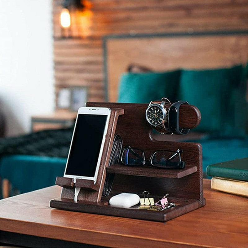 23335 Office Home Desktop Wooden Phone Charging Stand Glasses Watch Sundries Storage Rack
