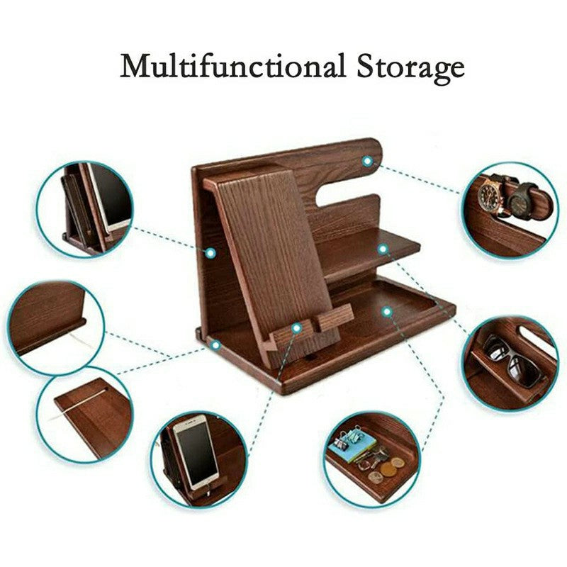 23335 Office Home Desktop Wooden Phone Charging Stand Glasses Watch Sundries Storage Rack