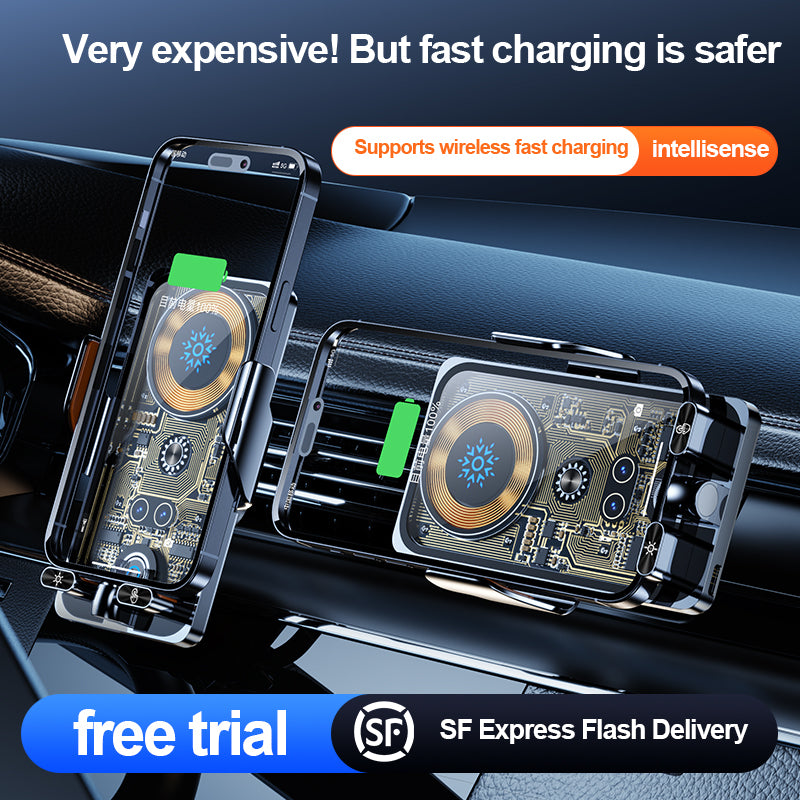 F18 Car Wireless Charger Infrared Sensor Aluminum Alloy+PC Phone Charging Bracket with 2 Magnetic Plugs