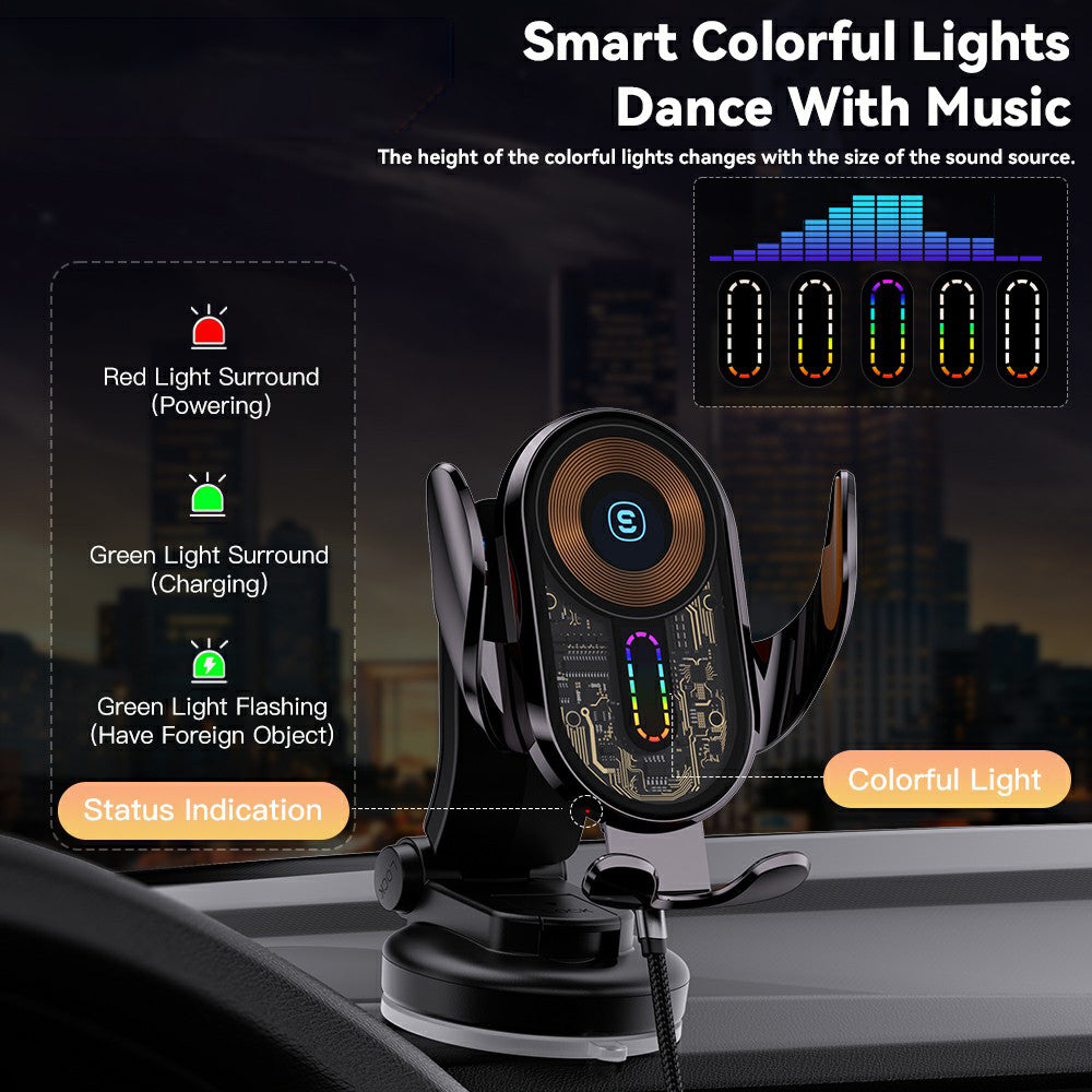 ESSAGER Music Pickup Lighting Car Phone Holder Wireless Charger with Hook+Suction Cup Bottom