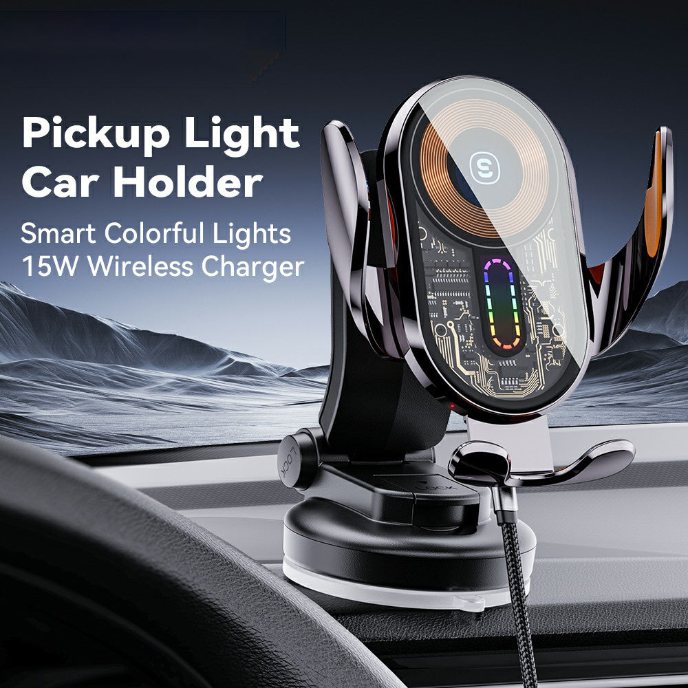ESSAGER Music Pickup Lighting Car Phone Holder Wireless Charger with Hook+Suction Cup Bottom
