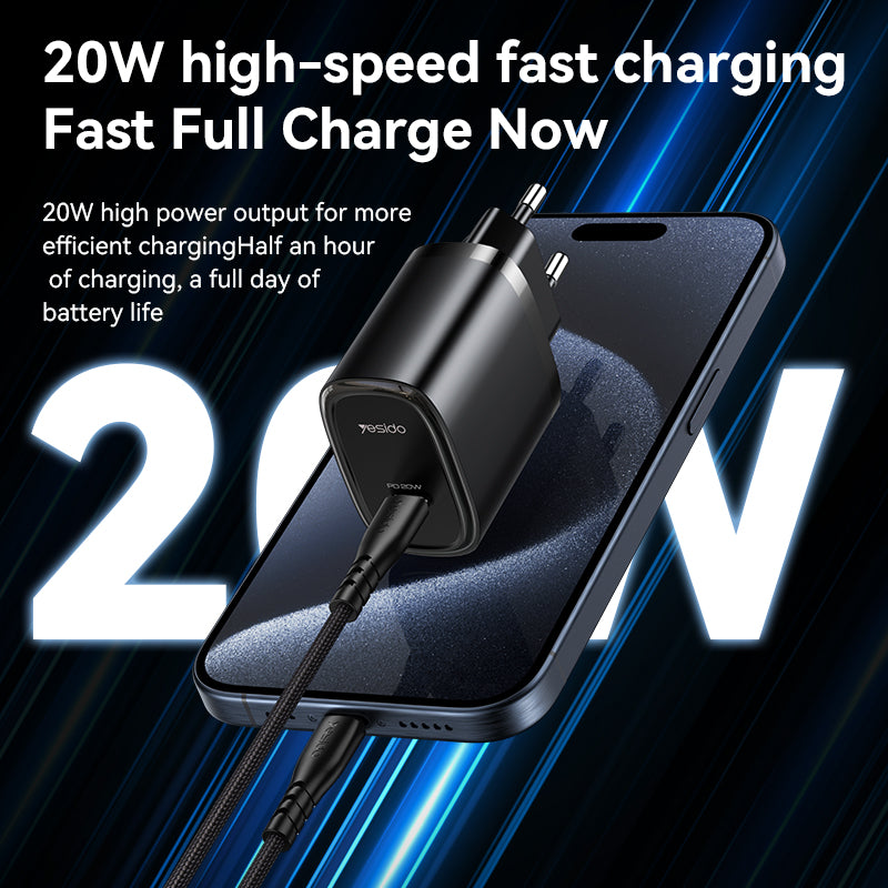 YESIDO YC57 EU Plug USB-C Charger 20W Powerport Compact High Speed Wall Charger