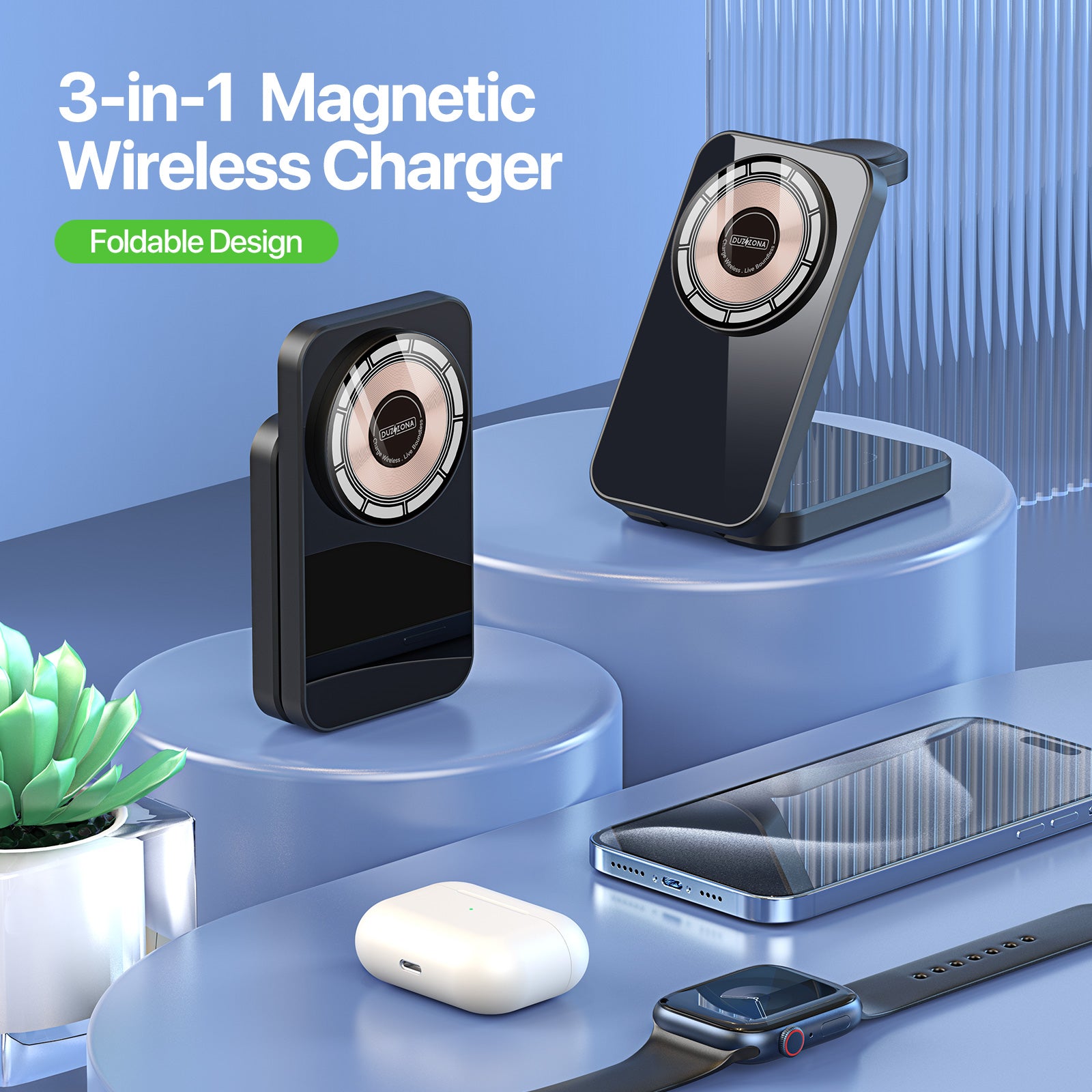 DUZZONA W17 3 in 1 Charging Station 15W Magnetic Foldable Wireless Charger Stand