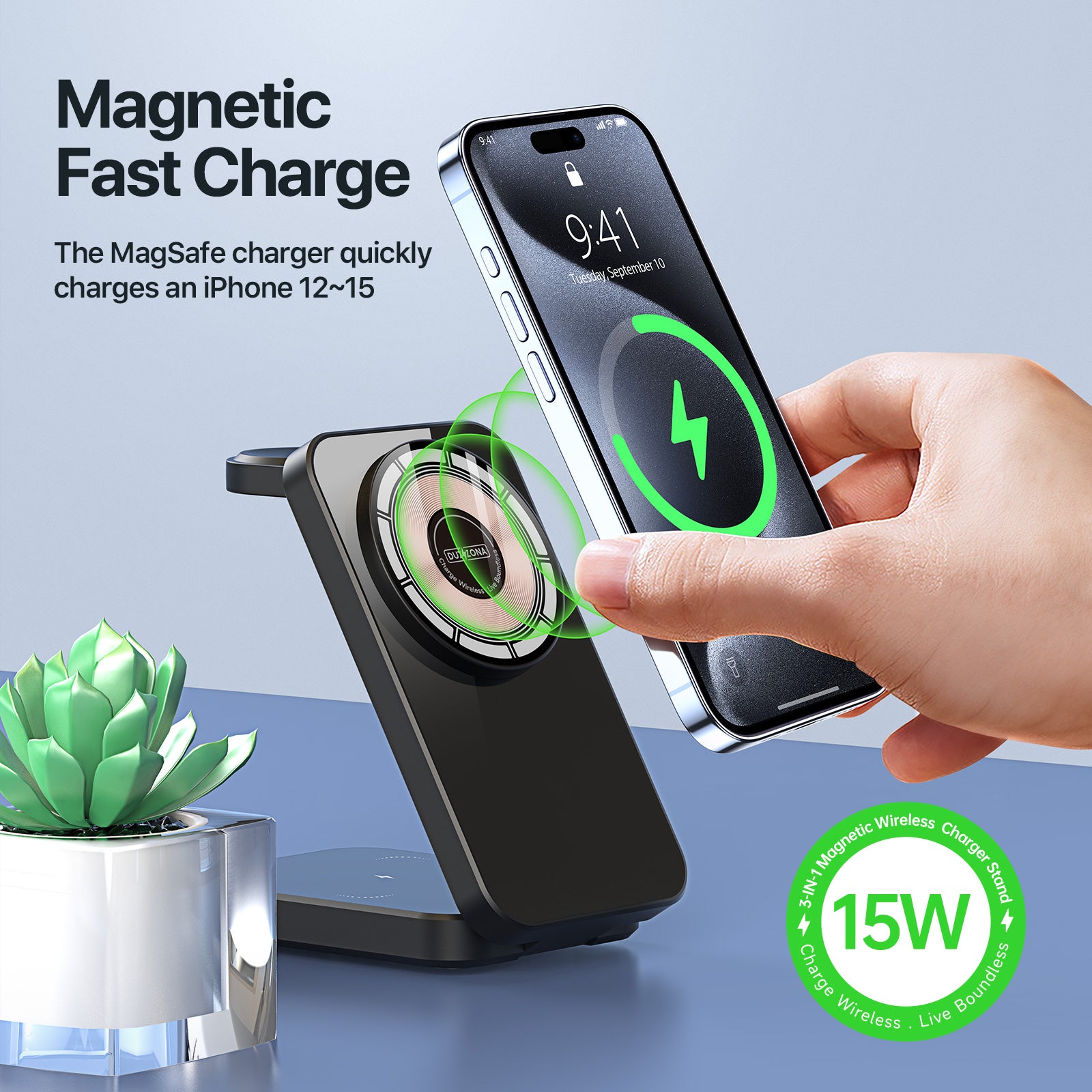 DUZZONA W17 3 in 1 Charging Station 15W Magnetic Foldable Wireless Charger Stand
