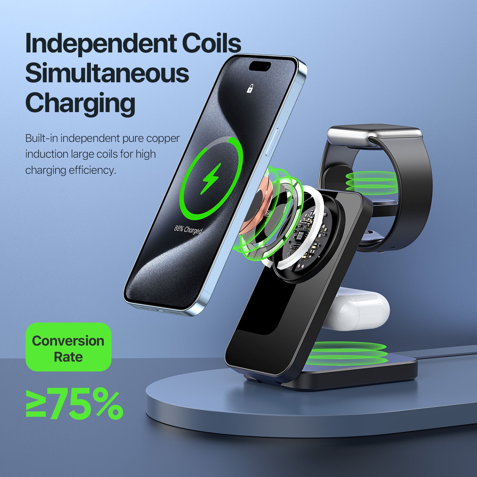 DUZZONA W17 3 in 1 Charging Station 15W Magnetic Foldable Wireless Charger Stand