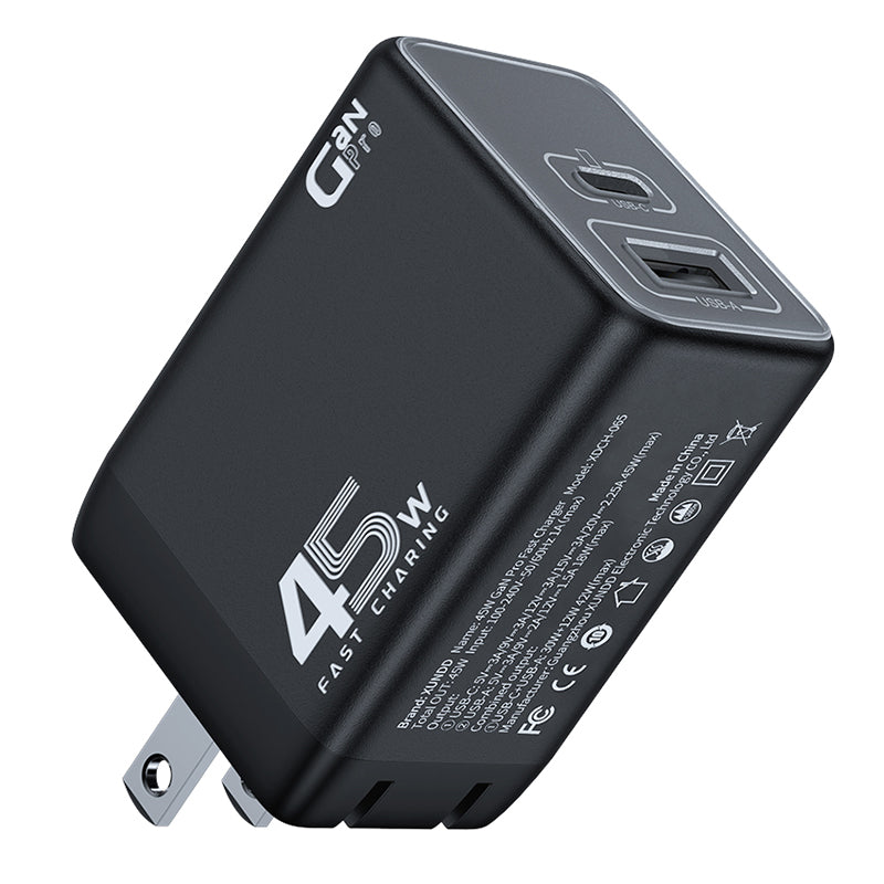 XUNDD XDCH-065 GaN Power Adapter Type-C+USB-A Dual Port 45W Fast Charging Block