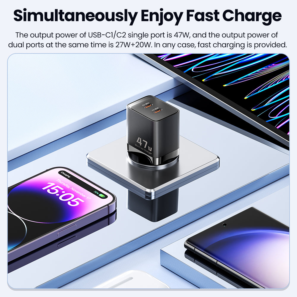 TOOCKI P047AB10A2C0 PD 47W GaN Wall Charger Dual Type-C Fast Charging Power Adapter
